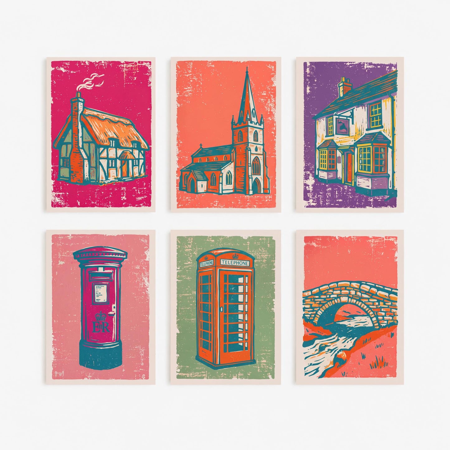 Set of Six Village Buildings Art Prints - 6 Linocut Illustrations - Thatched Cottage, Church, Pub, Postbox, Phone Box, Stone Bridge Posters