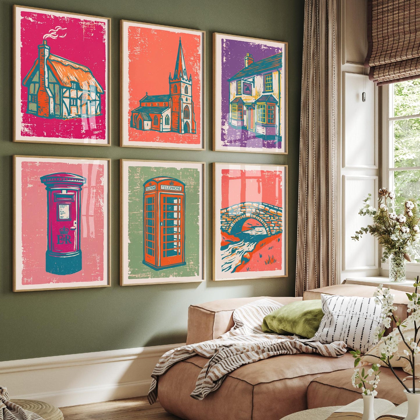 Set of Six Village Buildings Art Prints - 6 Linocut Illustrations - Thatched Cottage, Church, Pub, Postbox, Phone Box, Stone Bridge Posters