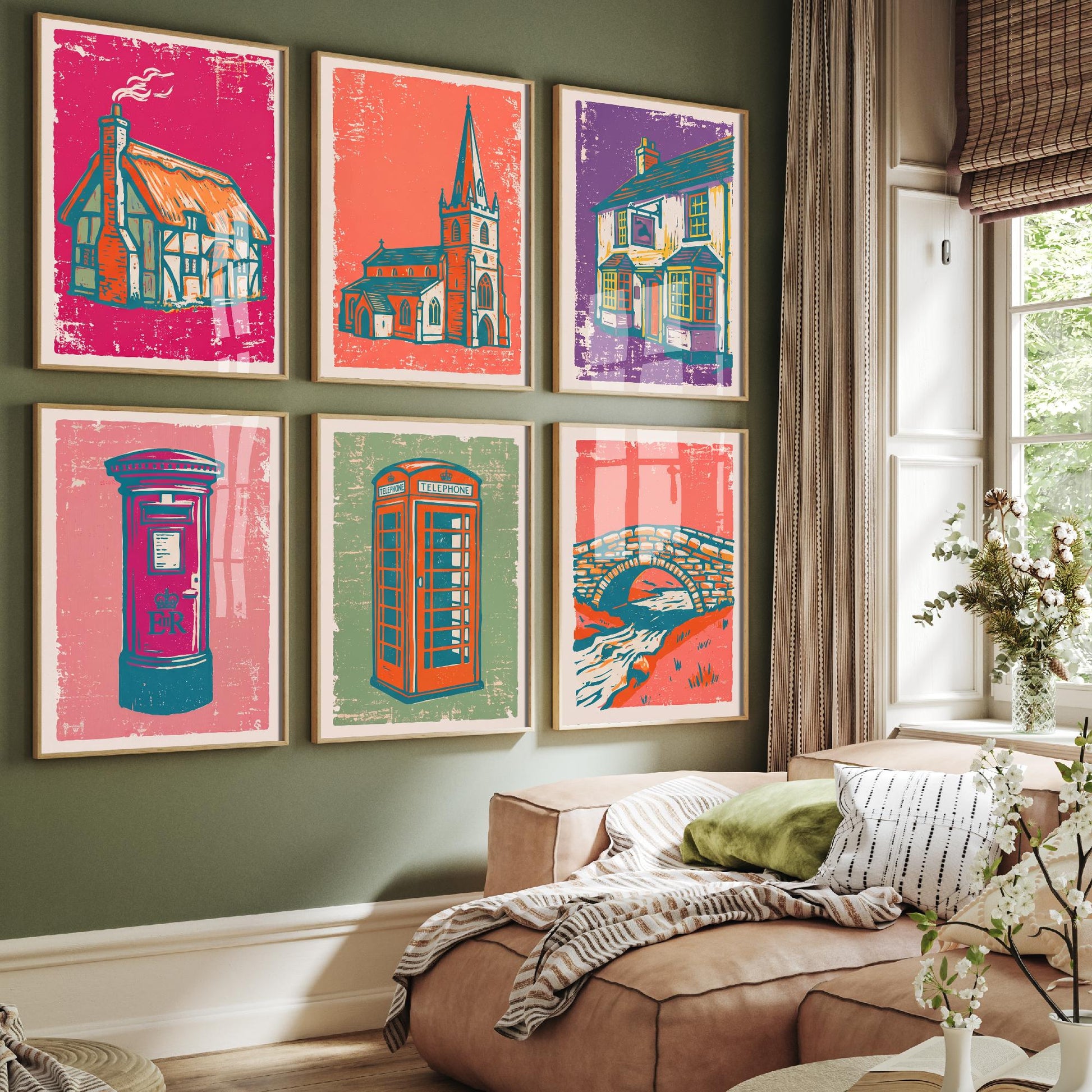 Set of Six Village Buildings Art Prints - 6 Linocut Illustrations - Thatched Cottage, Church, Pub, Postbox, Phone Box, Stone Bridge Posters