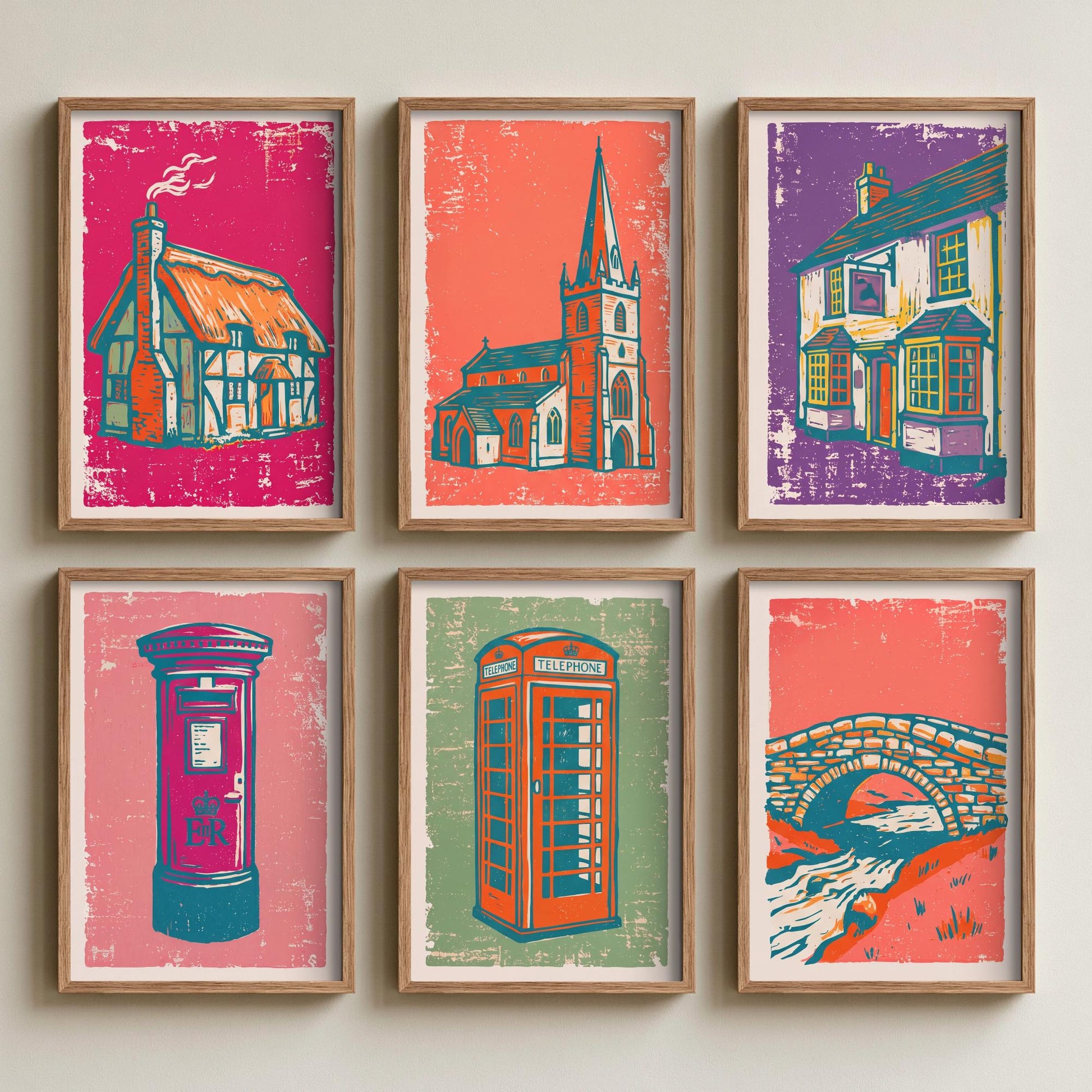 Set of Six Village Buildings Art Prints - 6 Linocut Illustrations - Thatched Cottage, Church, Pub, Postbox, Phone Box, Stone Bridge Posters