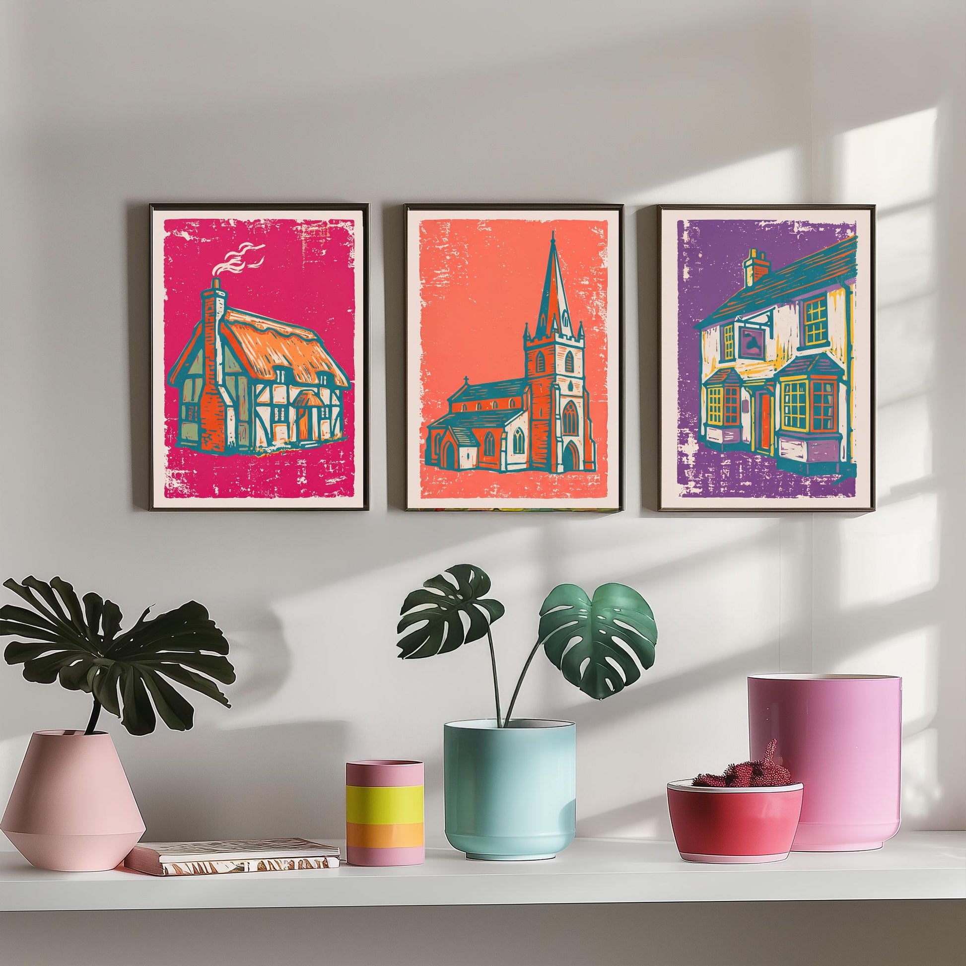 Thatched Cottage, Church & Pub - Set of Three Village Art Prints - Linocut Illustrations - English Buildings Posters V1