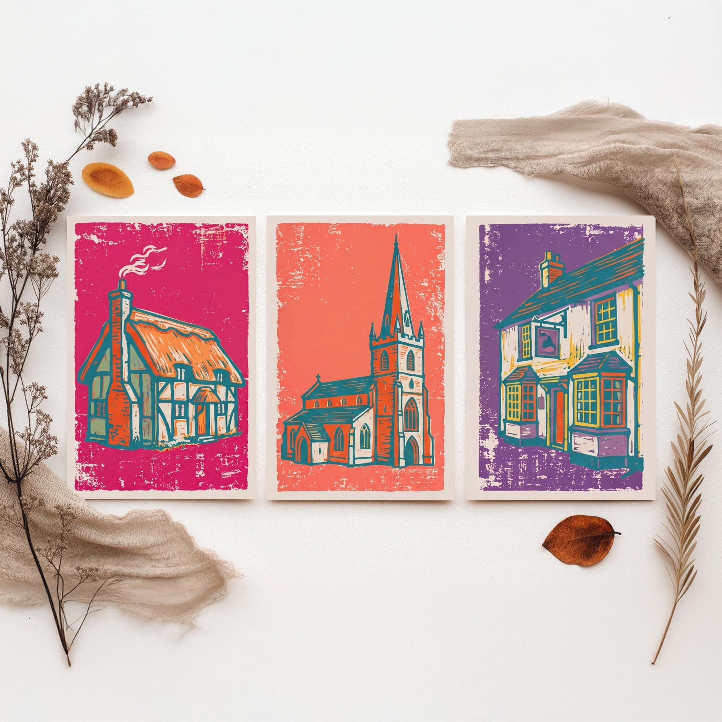 Thatched Cottage, Church & Pub - Set of Three Village Art Prints - Linocut Illustrations - English Buildings Posters V1