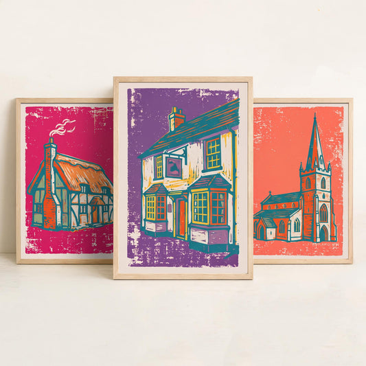 Thatched Cottage, Church & Pub - Set of Three Village Art Prints - Linocut Illustrations - English Buildings Posters V1