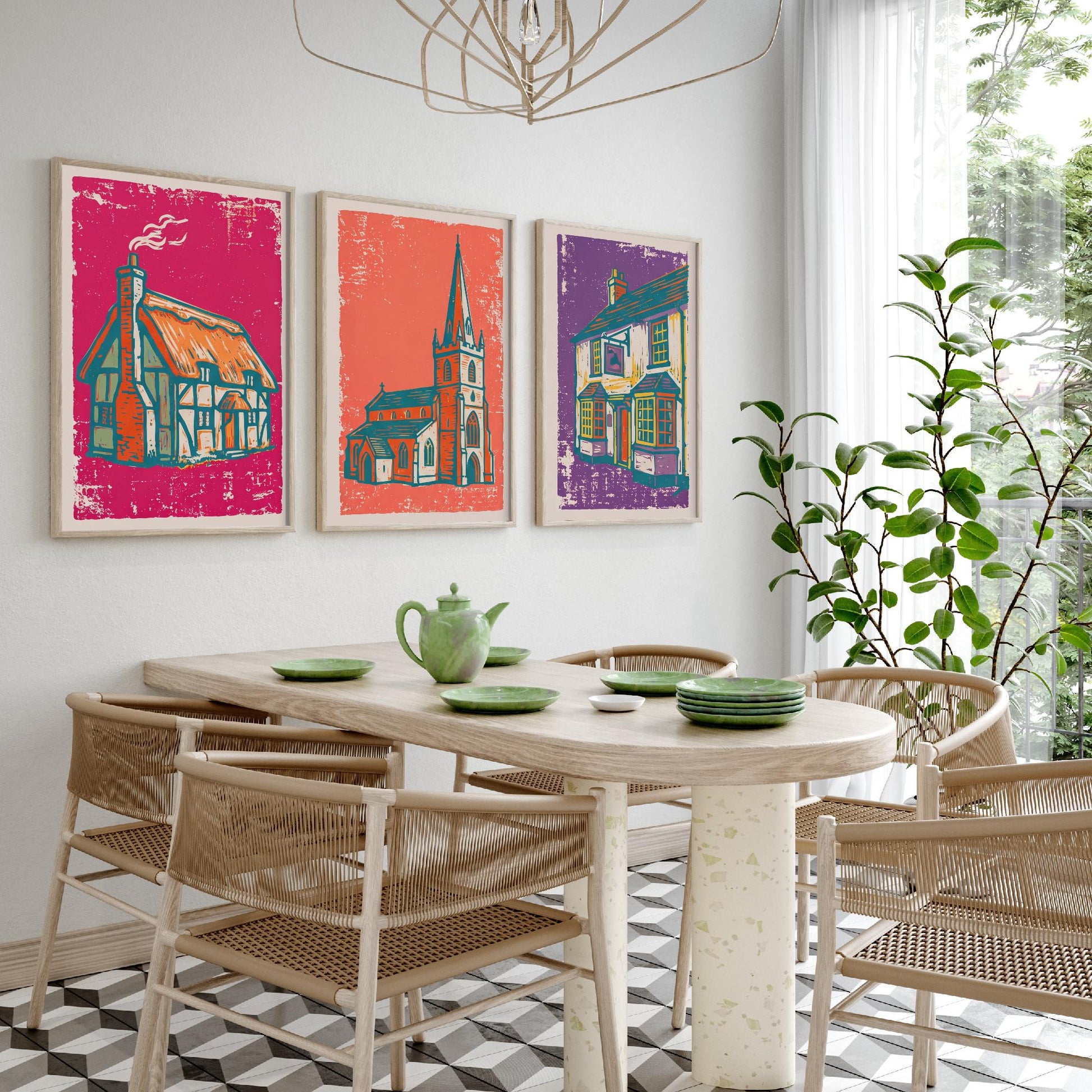 Thatched Cottage, Church & Pub - Set of Three Village Art Prints - Linocut Illustrations - English Buildings Posters V1