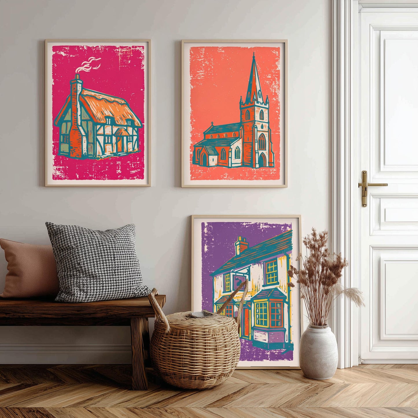 Thatched Cottage, Church & Pub - Set of Three Village Art Prints - Linocut Illustrations - English Buildings Posters V1