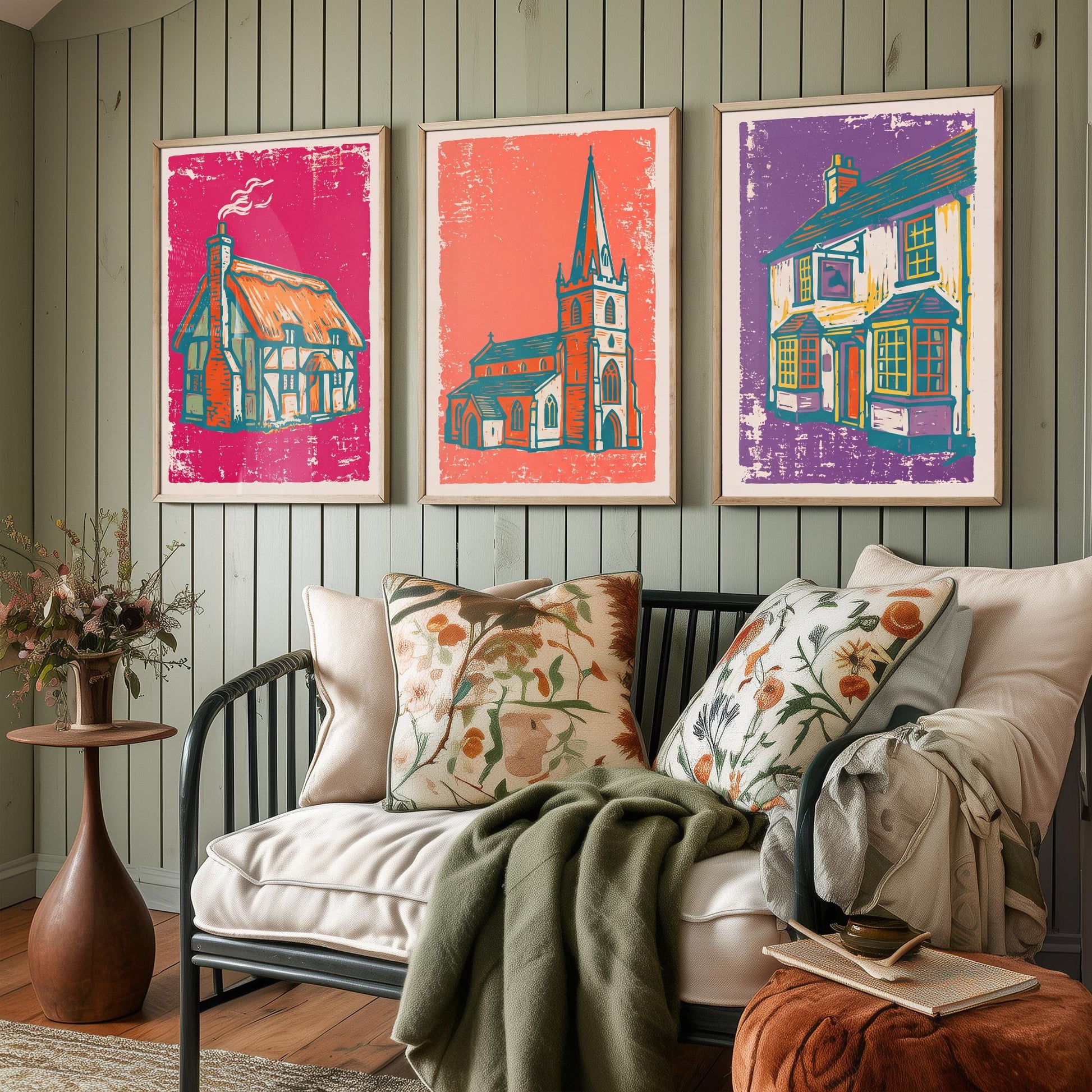 Thatched Cottage, Church & Pub - Set of Three Village Art Prints - Linocut Illustrations - English Buildings Posters V1