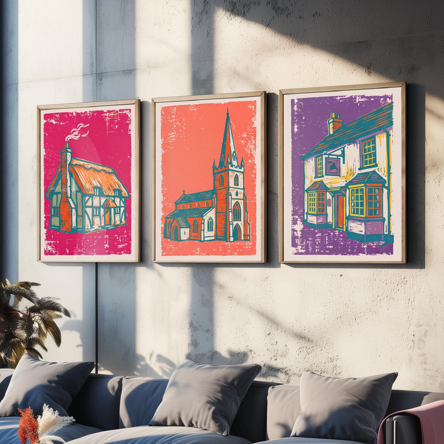 Thatched Cottage, Church & Pub - Set of Three Village Art Prints - Linocut Illustrations - English Buildings Posters V1