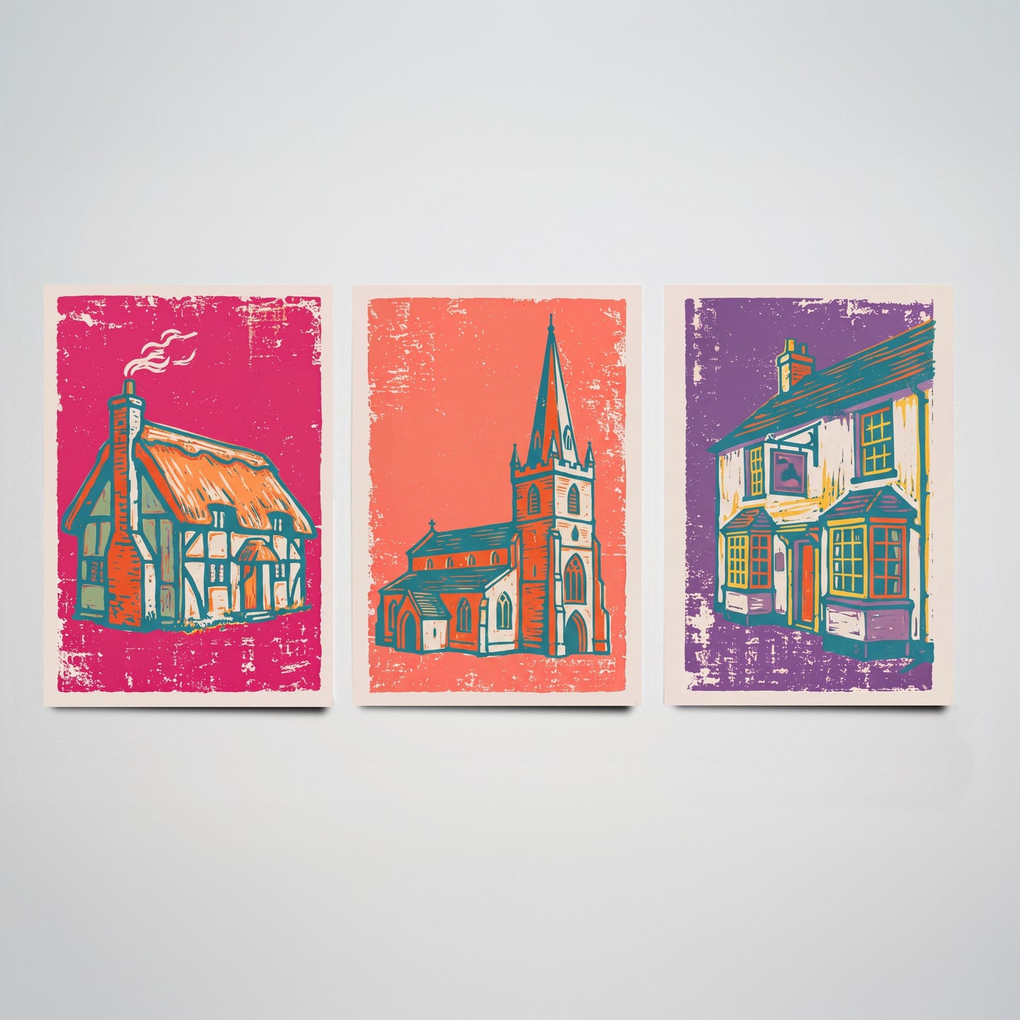 Thatched Cottage, Church & Pub - Set of Three Village Art Prints - Linocut Illustrations - English Buildings Posters V1