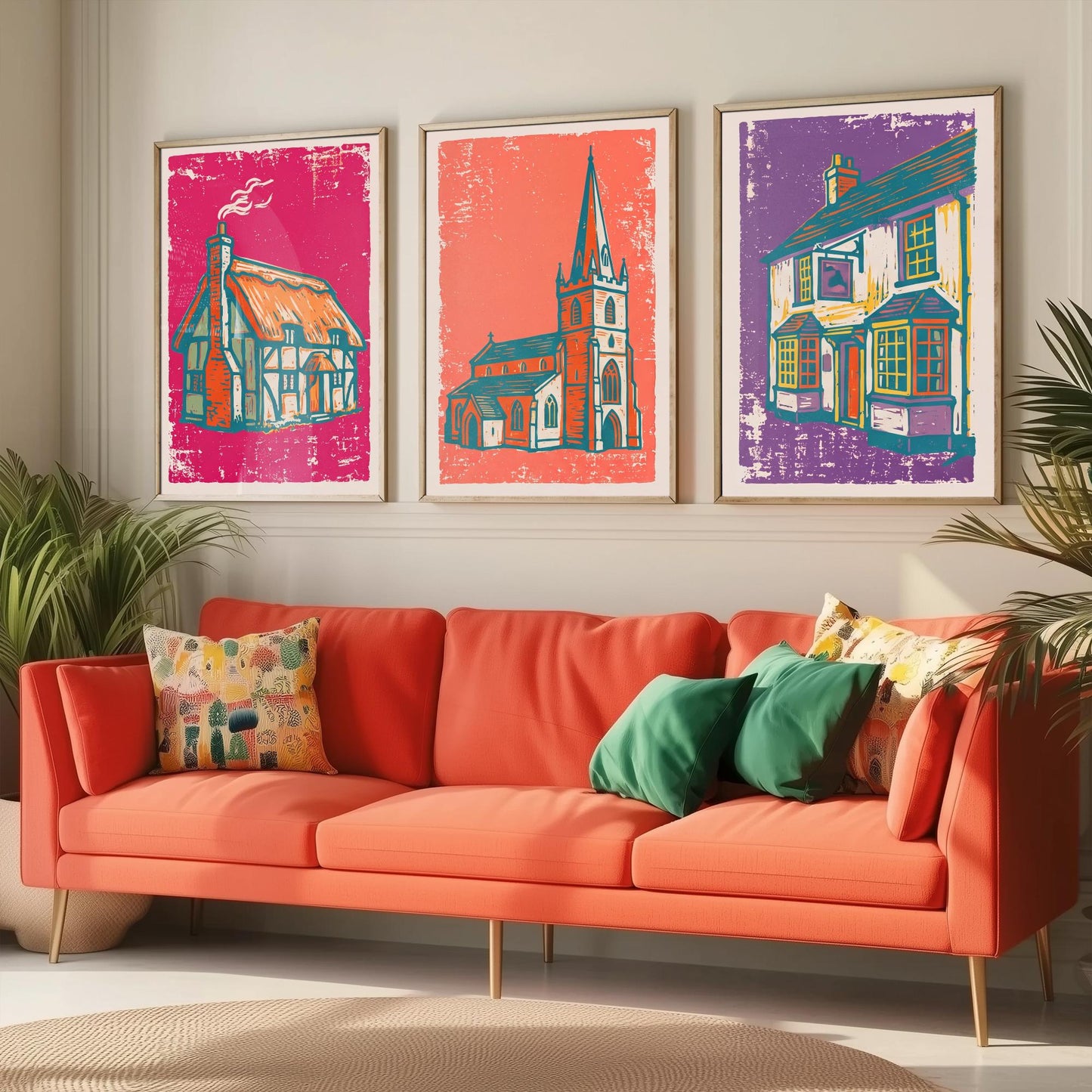 Thatched Cottage, Church & Pub - Set of Three Village Art Prints - Linocut Illustrations - English Buildings Posters V1