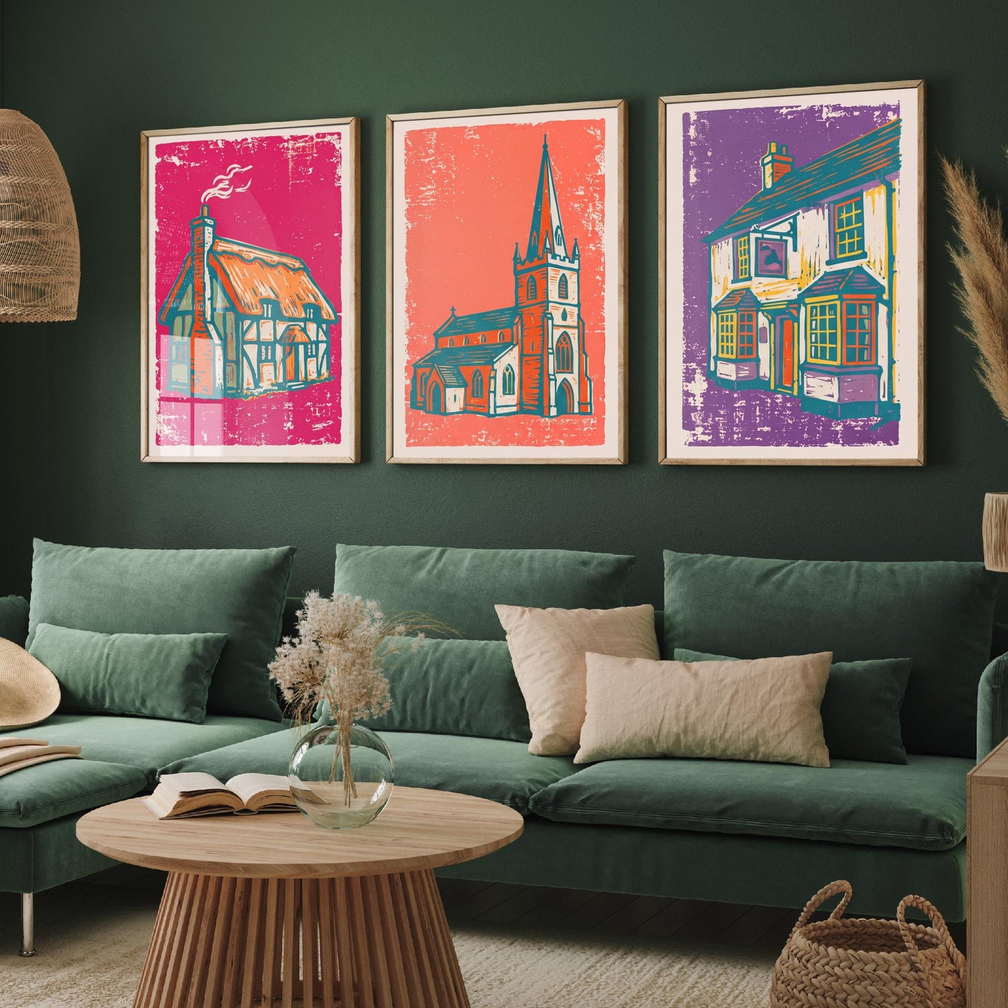 Thatched Cottage, Church & Pub - Set of Three Village Art Prints - Linocut Illustrations - English Buildings Posters V1
