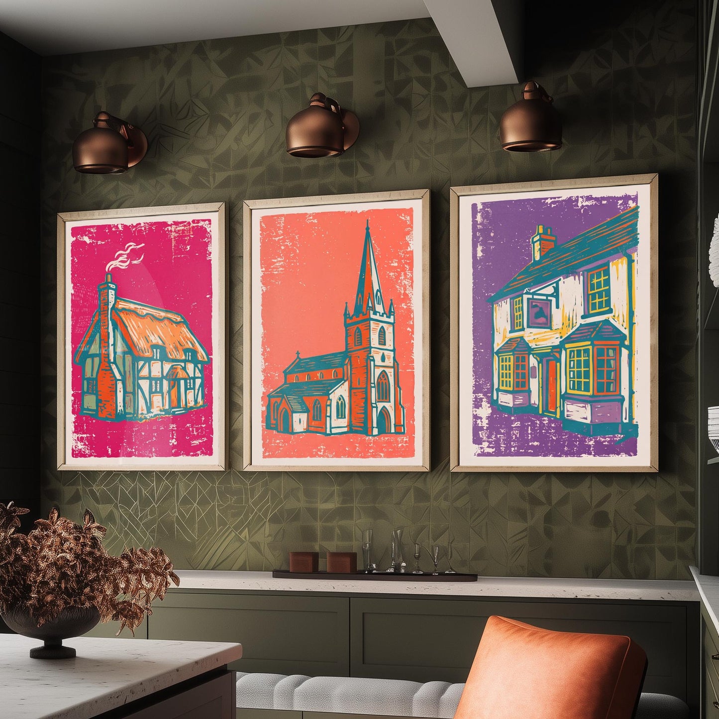 Thatched Cottage, Church & Pub - Set of Three Village Art Prints - Linocut Illustrations - English Buildings Posters V1