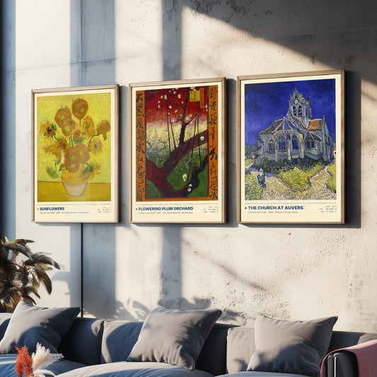 Van Gogh Sunflowers Set of Three Art Prints - Flowering Plum Orchard, The Church at Auvers - Van Gogh Flower Landscape Posters - Paintings