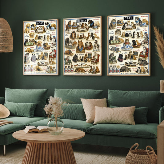 Dogs Horses Cats Set of Three Art Prints | Vintage Pet Illustration Poster Set | Pet Lover Wall Decor