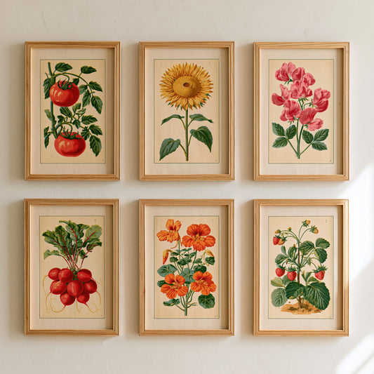Set of Six Vintage Botanical Art Prints - 6 Kitchen Garden Illustrations - Tomato, Sunflower, Sweet Pea, Radish, Nasturtium - Poster