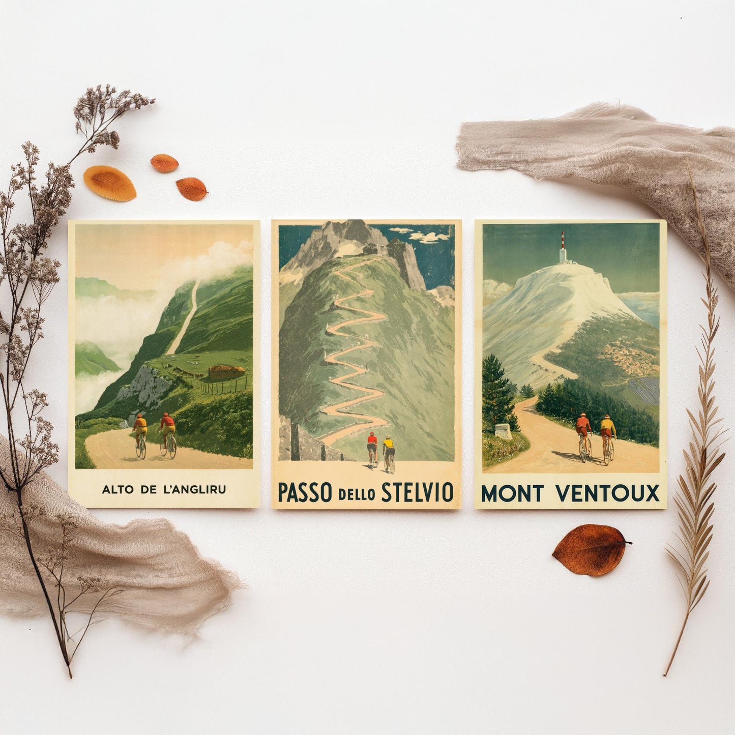 Vintage Cycling Set of Three Art Prints - Alto de l'Angliru, Passo dello Stelvio, Mont Ventoux - Classic Climbs Poster Illustration