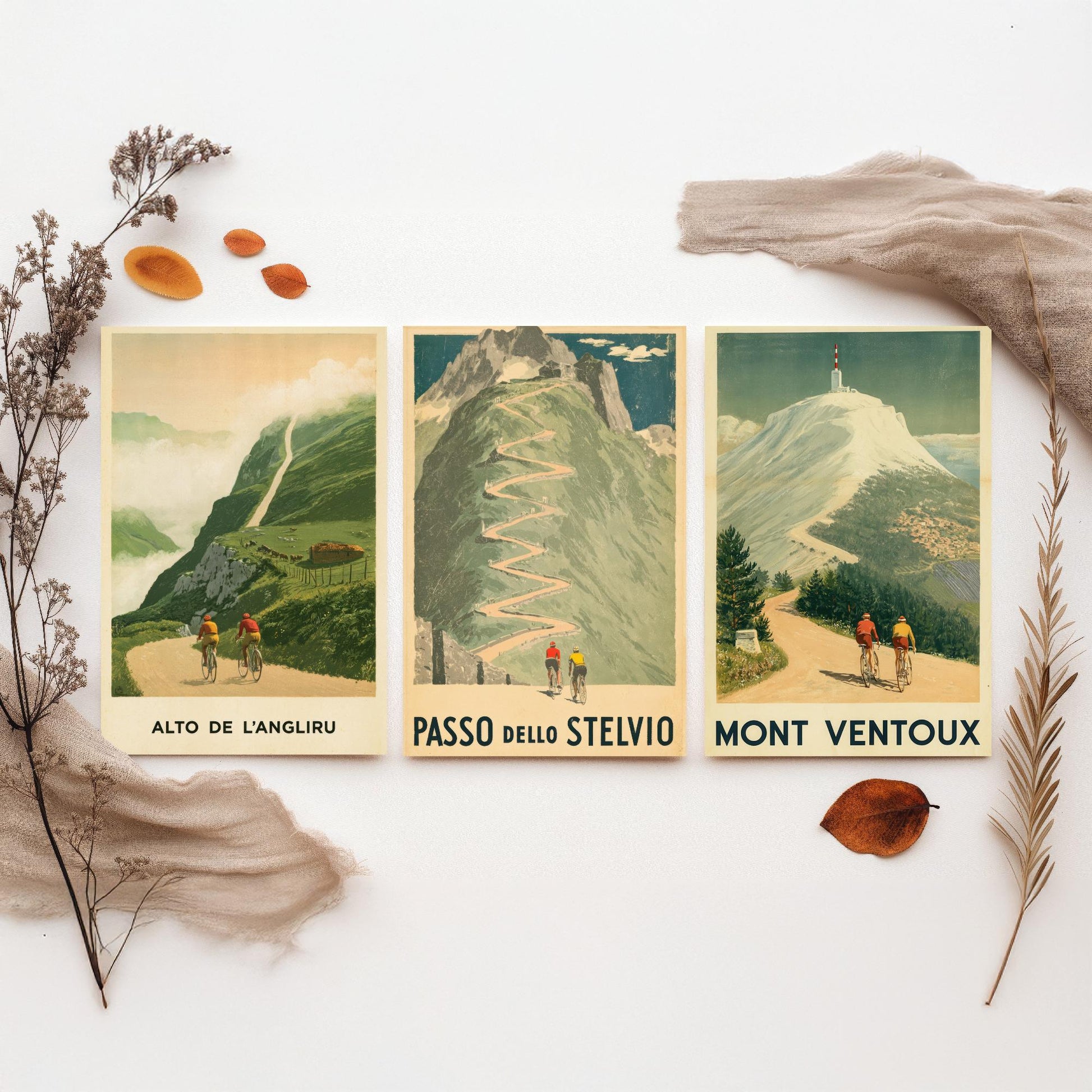 Vintage Cycling Set of Three Art Prints - Alto de l'Angliru, Passo dello Stelvio, Mont Ventoux - Classic Climbs Poster Illustration