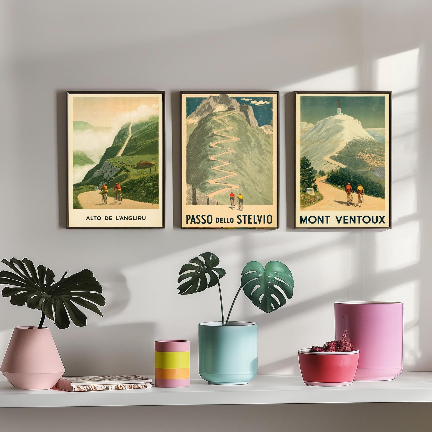 Vintage Cycling Set of Three Art Prints - Alto de l'Angliru, Passo dello Stelvio, Mont Ventoux - Classic Climbs Poster Illustration