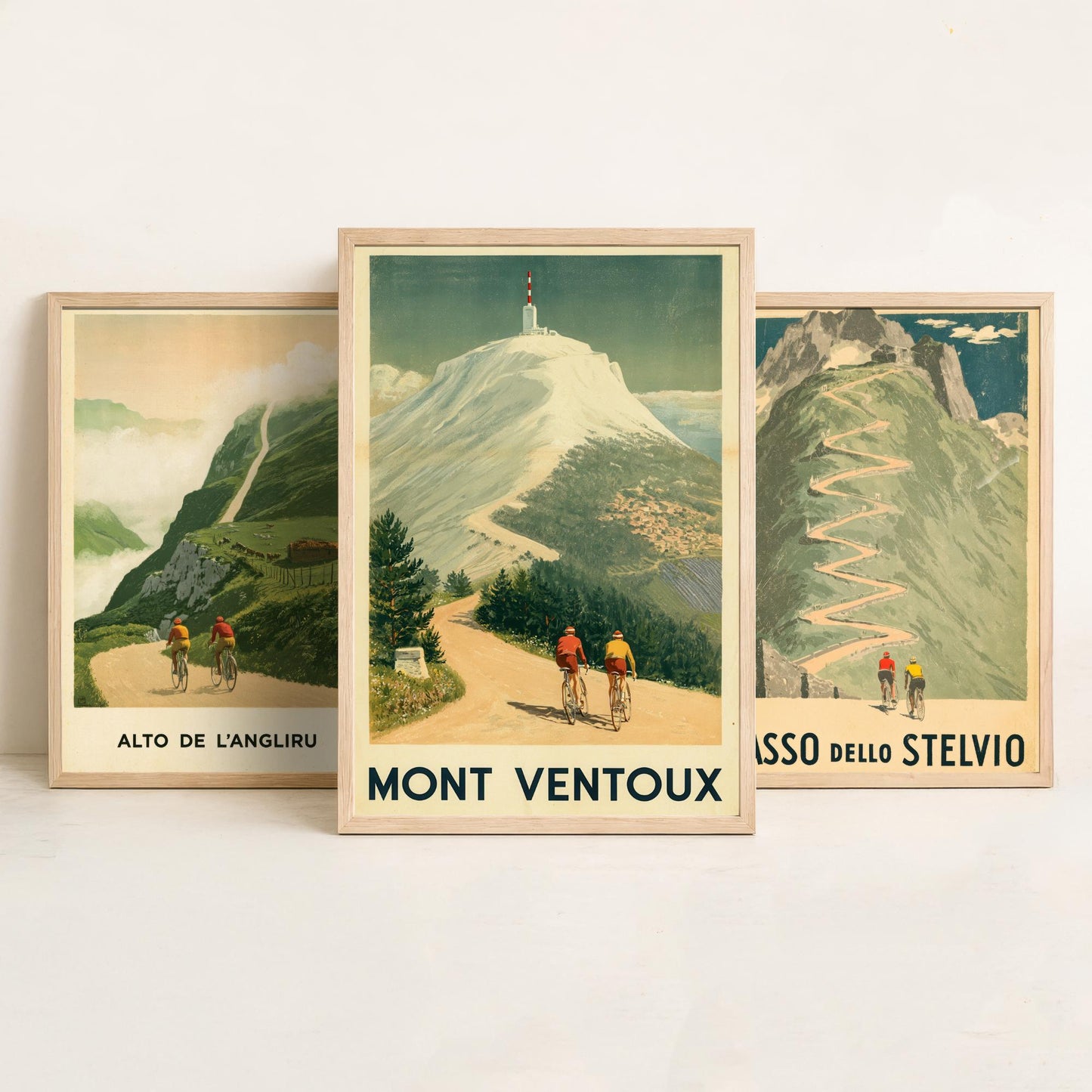 Vintage Cycling Set of Three Art Prints - Alto de l'Angliru, Passo dello Stelvio, Mont Ventoux - Classic Climbs Poster Illustration
