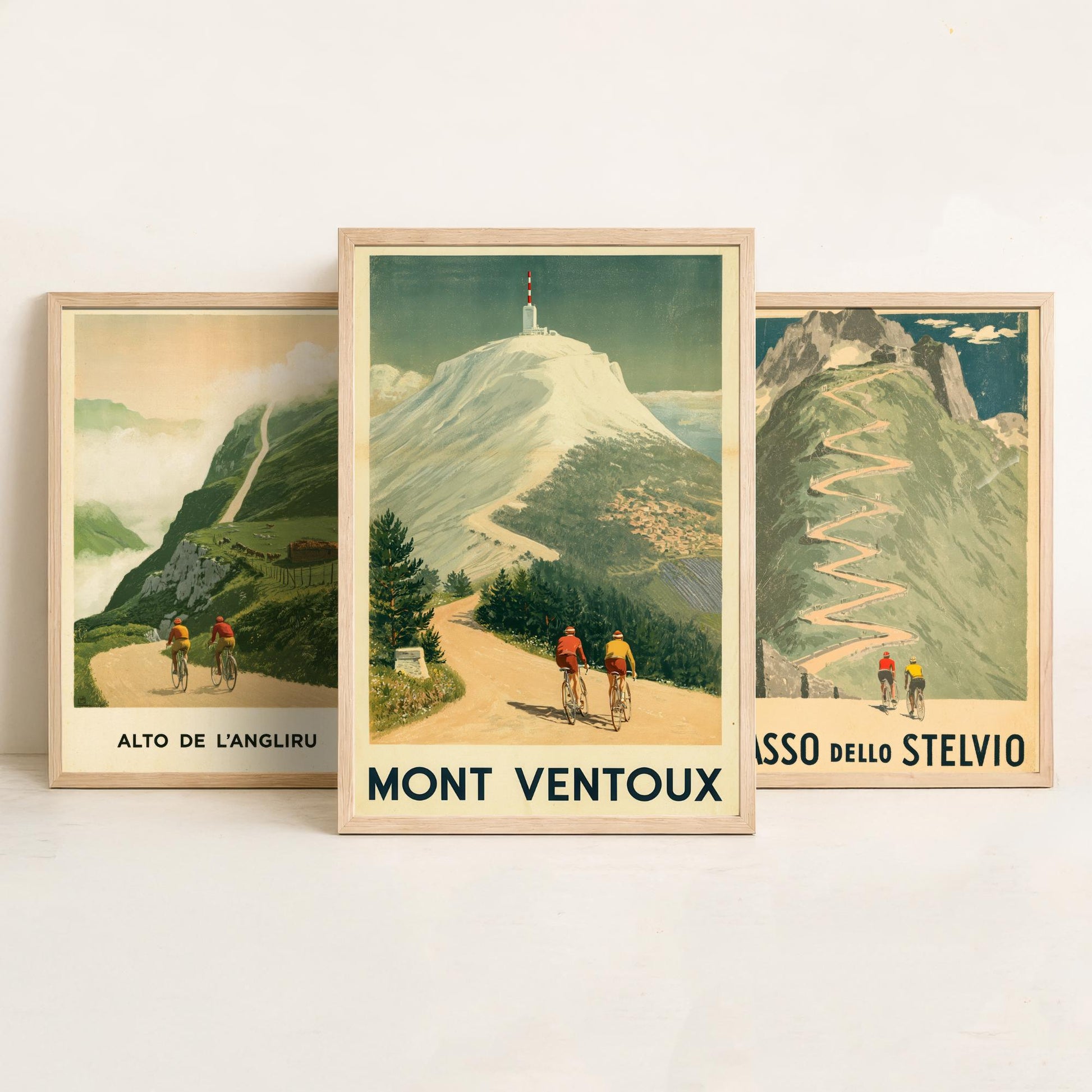 Vintage Cycling Set of Three Art Prints - Alto de l'Angliru, Passo dello Stelvio, Mont Ventoux - Classic Climbs Poster Illustration