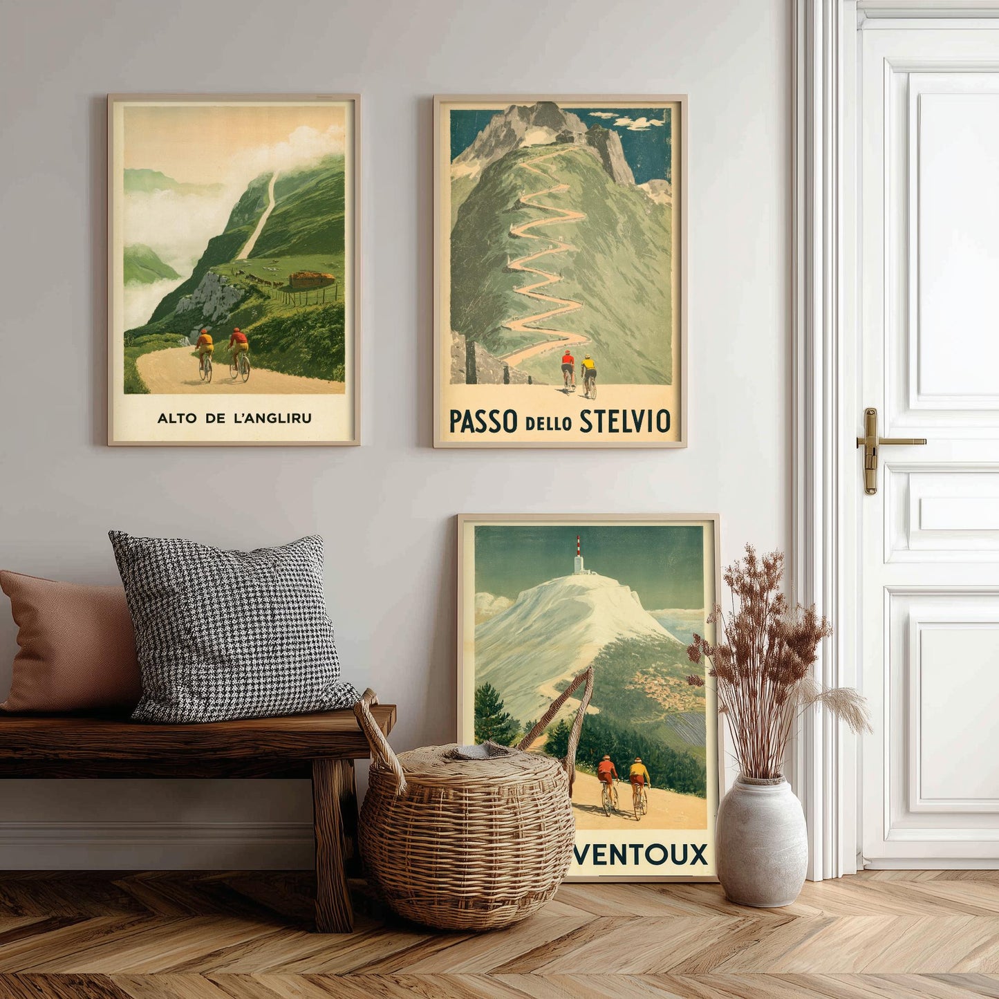 Vintage Cycling Set of Three Art Prints - Alto de l'Angliru, Passo dello Stelvio, Mont Ventoux - Classic Climbs Poster Illustration