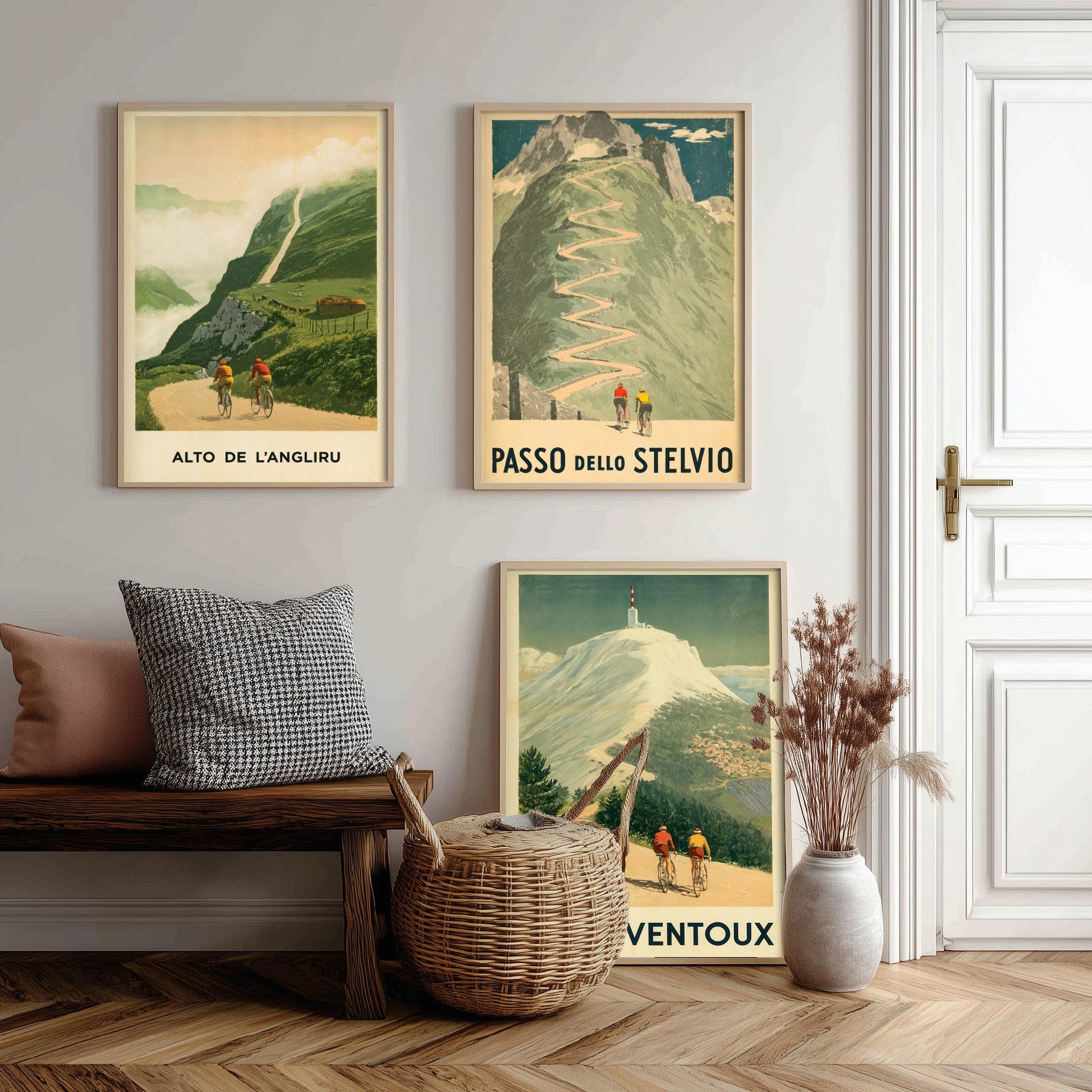 Vintage Cycling Set of Three Art Prints - Alto de l'Angliru, Passo dello Stelvio, Mont Ventoux - Classic Climbs Poster Illustration