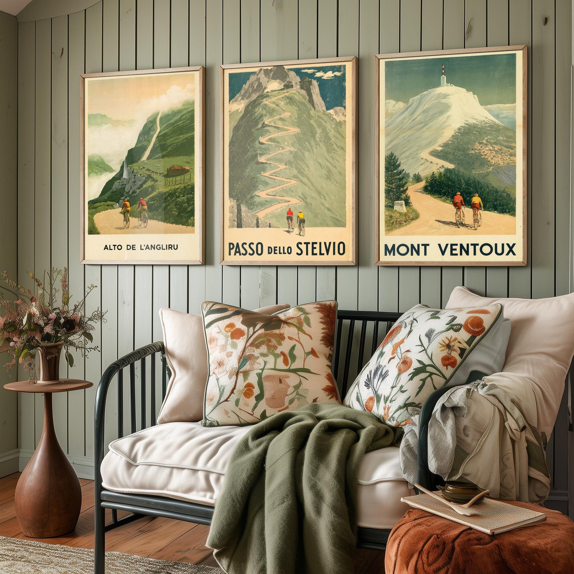 Vintage Cycling Set of Three Art Prints - Alto de l'Angliru, Passo dello Stelvio, Mont Ventoux - Classic Climbs Poster Illustration