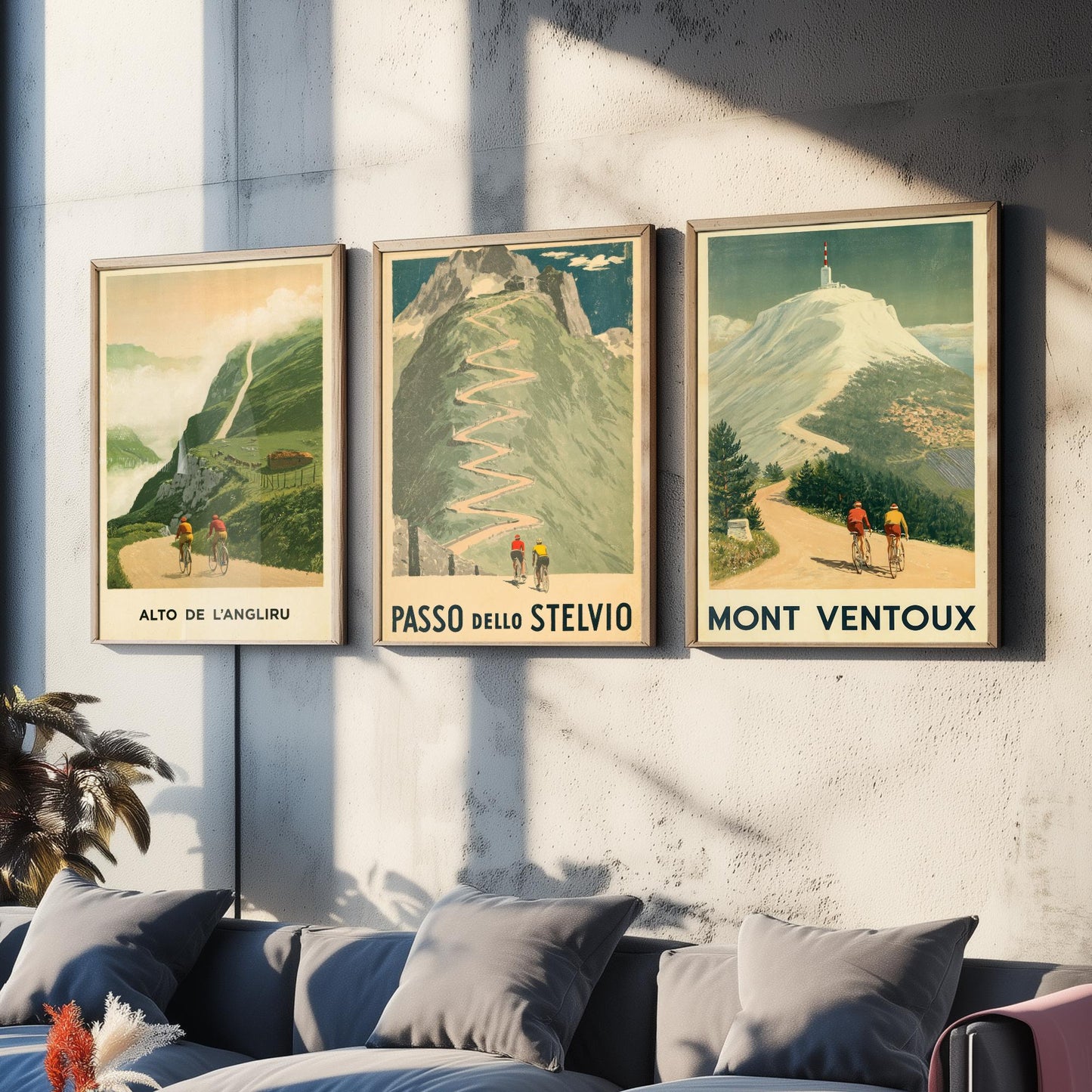 Vintage Cycling Set of Three Art Prints - Alto de l'Angliru, Passo dello Stelvio, Mont Ventoux - Classic Climbs Poster Illustration