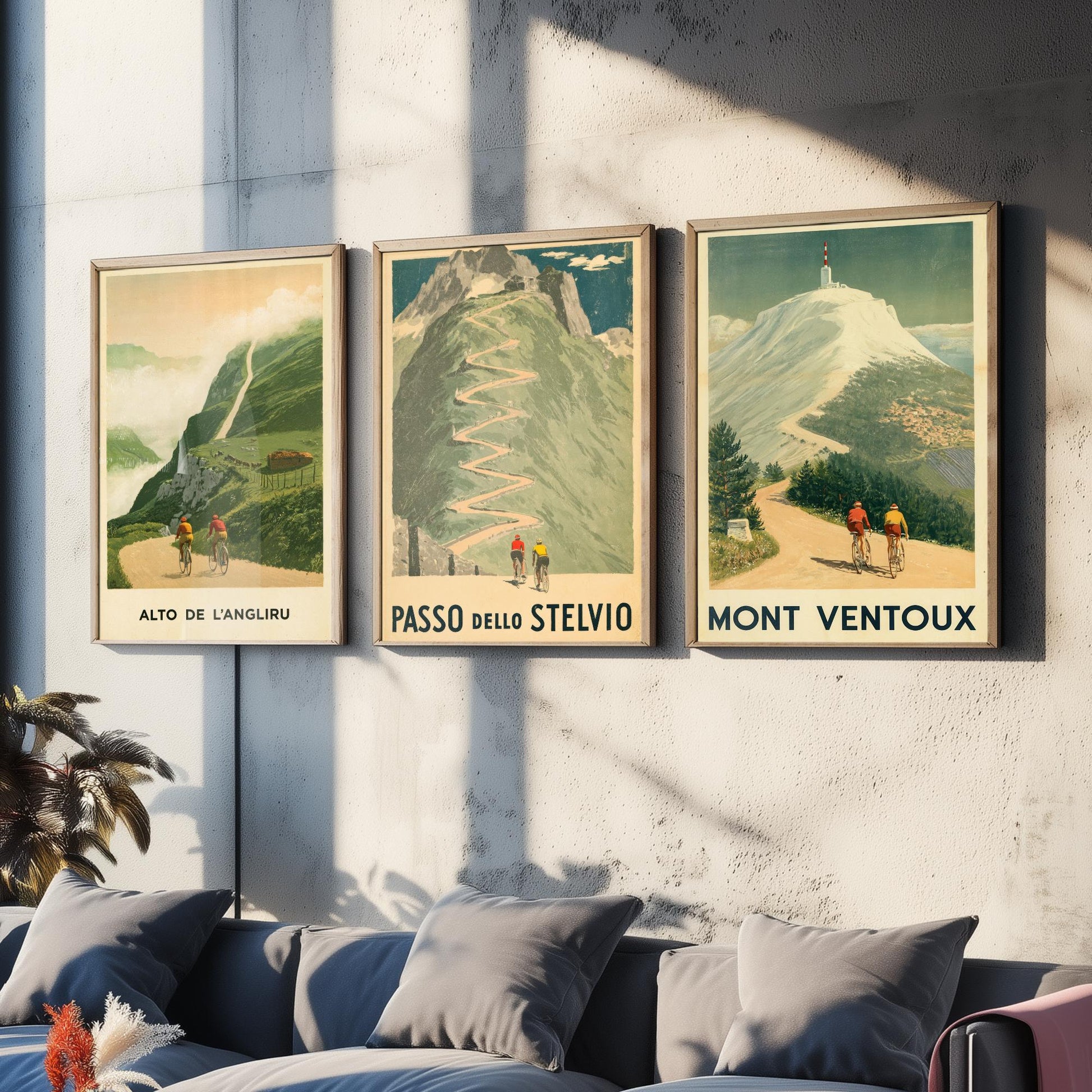 Vintage Cycling Set of Three Art Prints - Alto de l'Angliru, Passo dello Stelvio, Mont Ventoux - Classic Climbs Poster Illustration