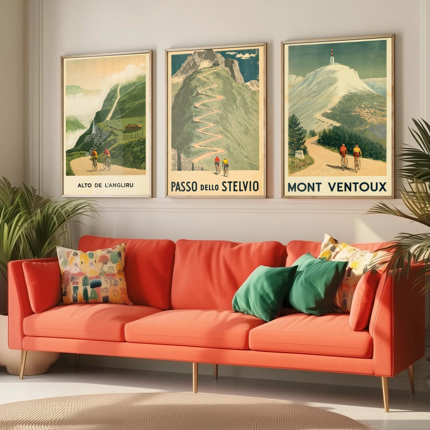 Vintage Cycling Set of Three Art Prints - Alto de l'Angliru, Passo dello Stelvio, Mont Ventoux - Classic Climbs Poster Illustration