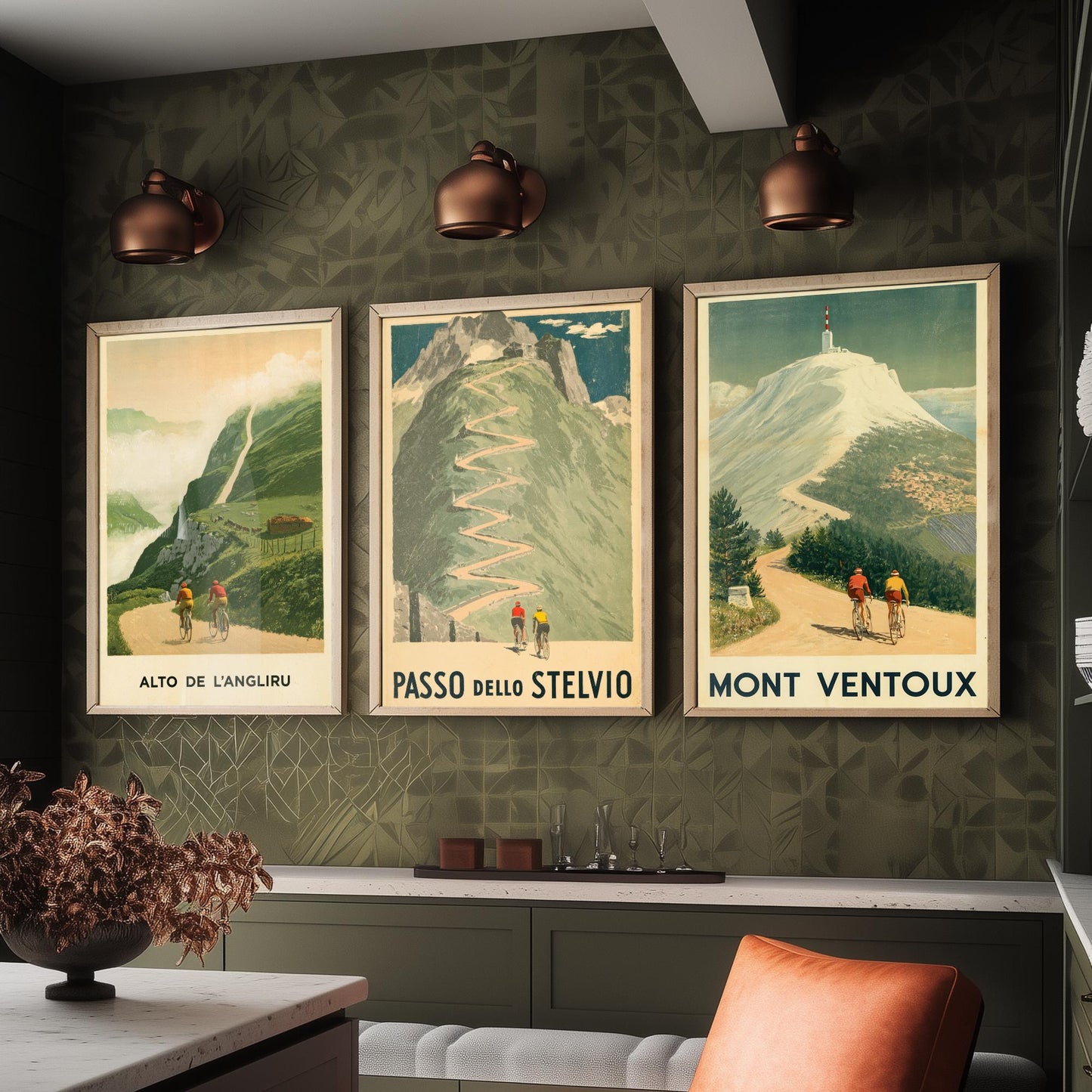 Vintage Cycling Set of Three Art Prints - Alto de l'Angliru, Passo dello Stelvio, Mont Ventoux - Classic Climbs Poster Illustration