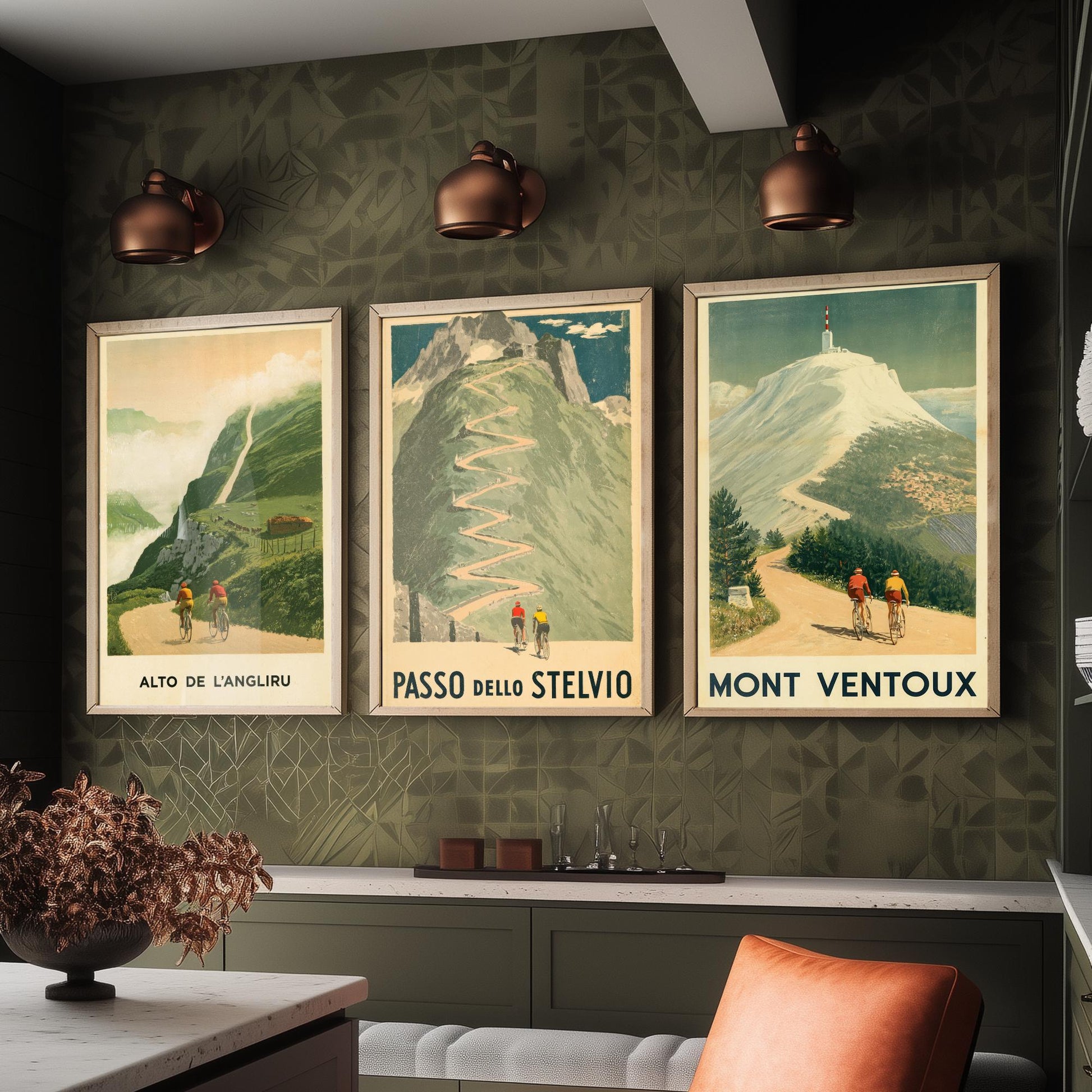 Vintage Cycling Set of Three Art Prints - Alto de l'Angliru, Passo dello Stelvio, Mont Ventoux - Classic Climbs Poster Illustration
