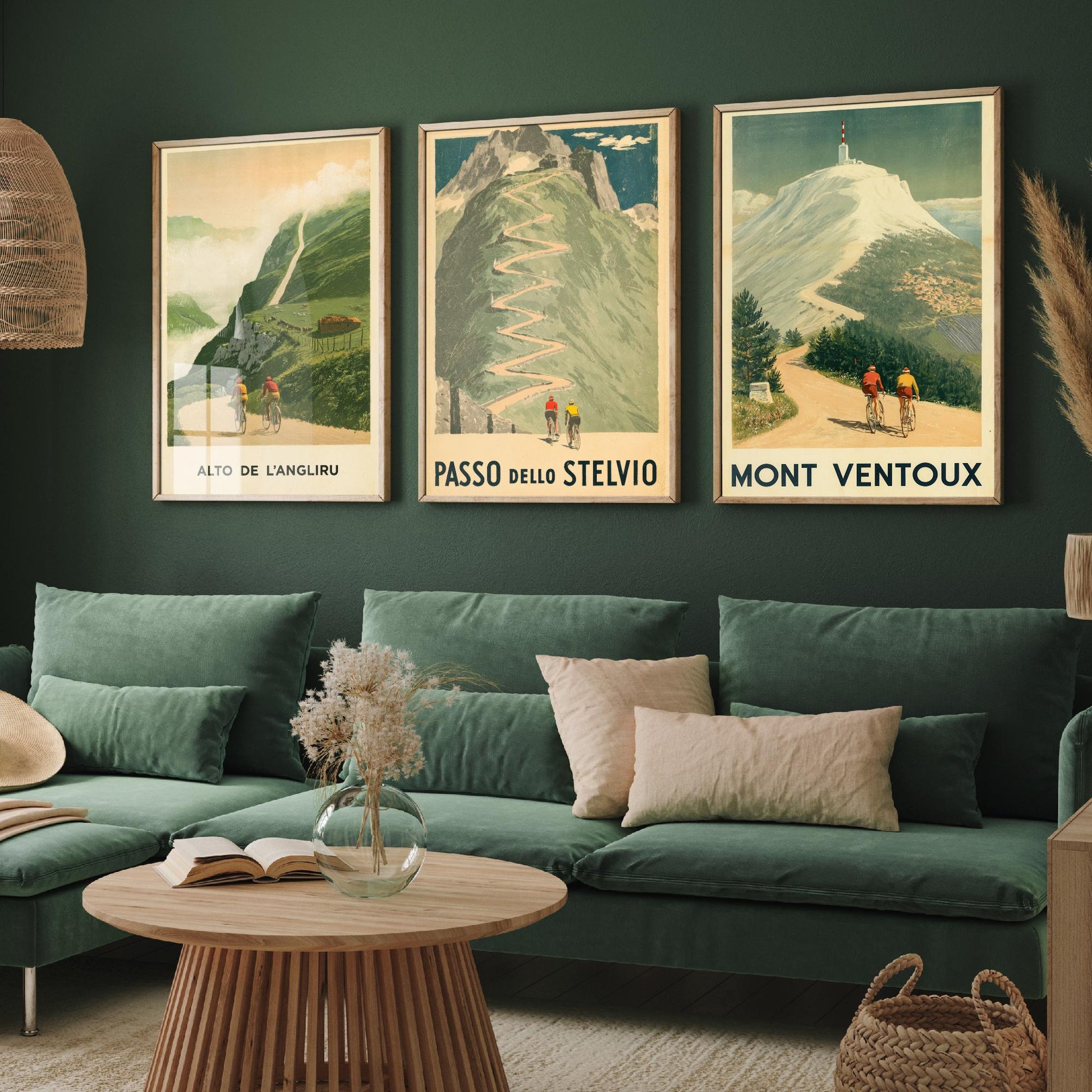 Vintage Cycling Set of Three Art Prints - Alto de l'Angliru, Passo dello Stelvio, Mont Ventoux - Classic Climbs Poster Illustration