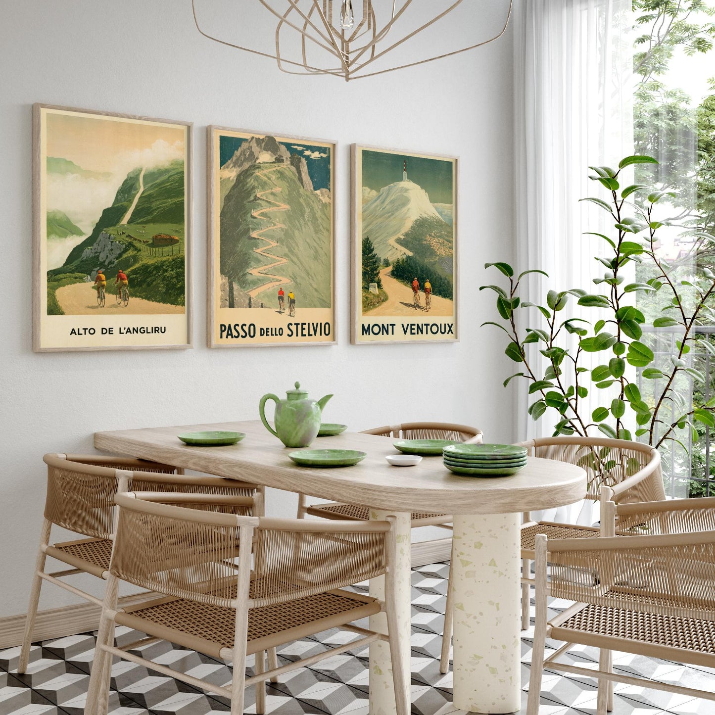 Vintage Cycling Set of Three Art Prints - Alto de l'Angliru, Passo dello Stelvio, Mont Ventoux - Classic Climbs Poster Illustration