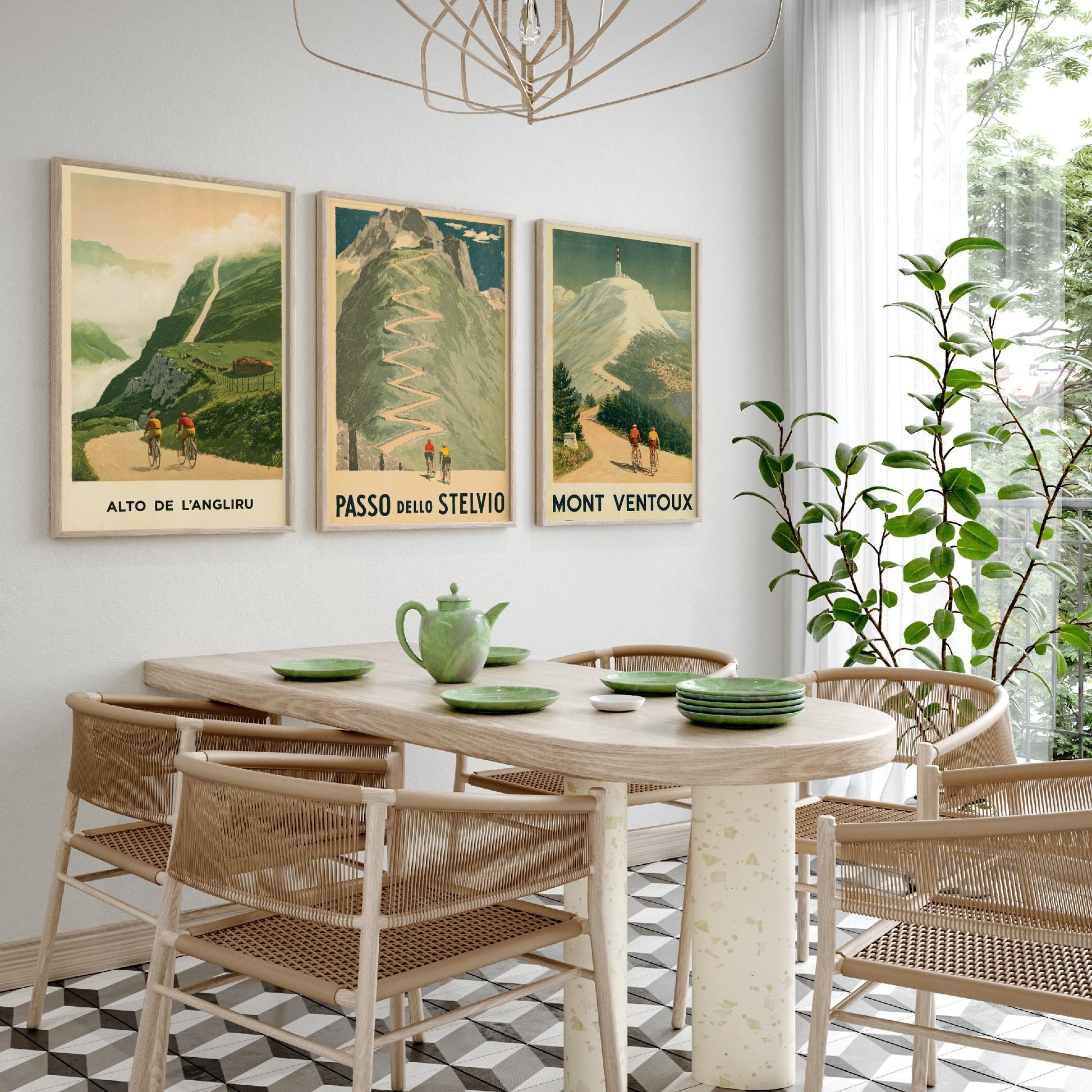 Vintage Cycling Set of Three Art Prints - Alto de l'Angliru, Passo dello Stelvio, Mont Ventoux - Classic Climbs Poster Illustration