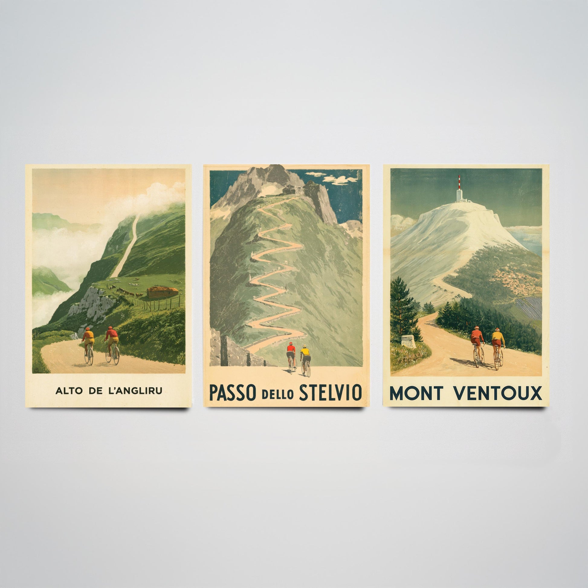 Vintage Cycling Set of Three Art Prints - Alto de l'Angliru, Passo dello Stelvio, Mont Ventoux - Classic Climbs Poster Illustration