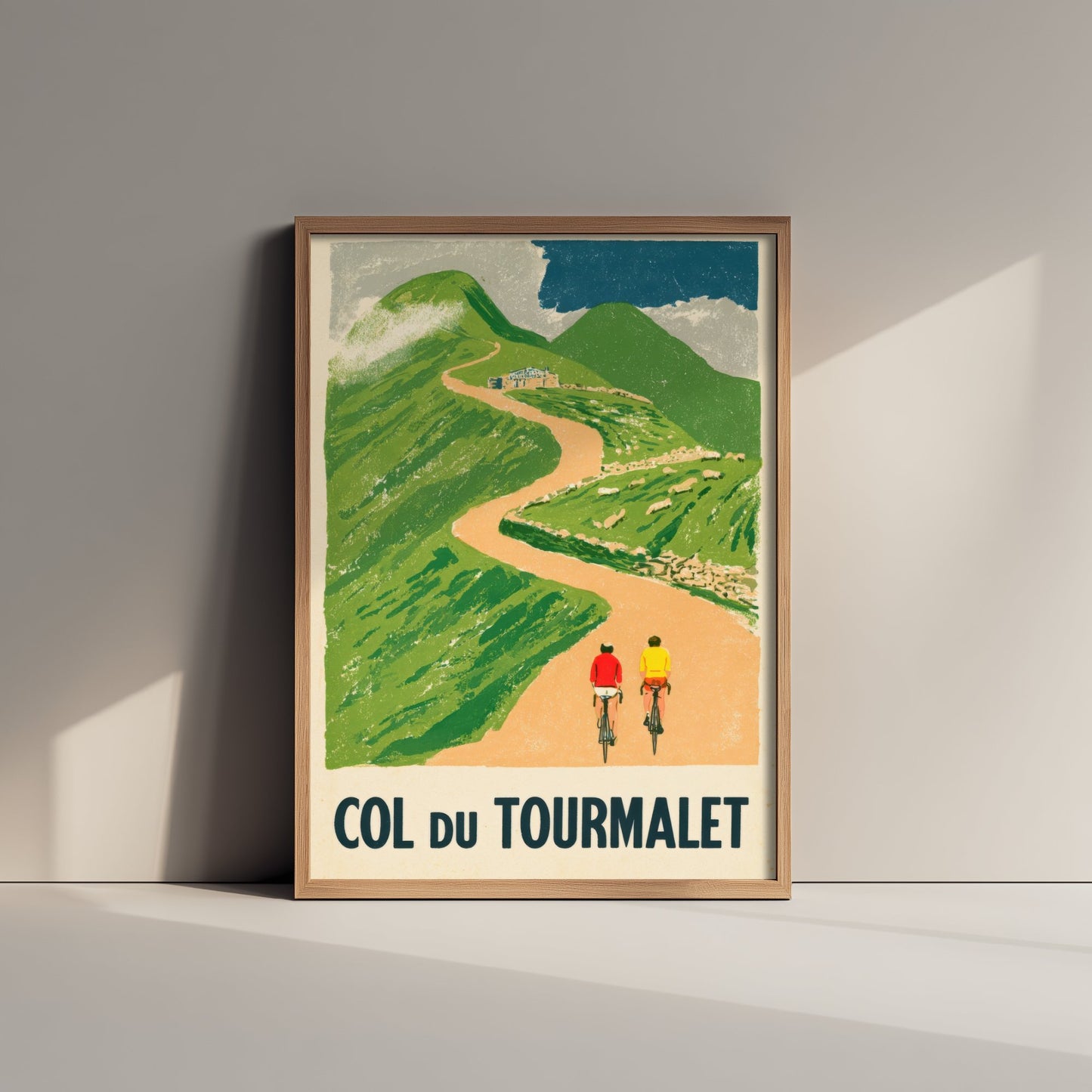 Col du Tourmalet Retro Bike Race Art Print - Sunny Pyrenees Mountain Pass Poster - Flat Colour Cycling Illustration V2 1/3