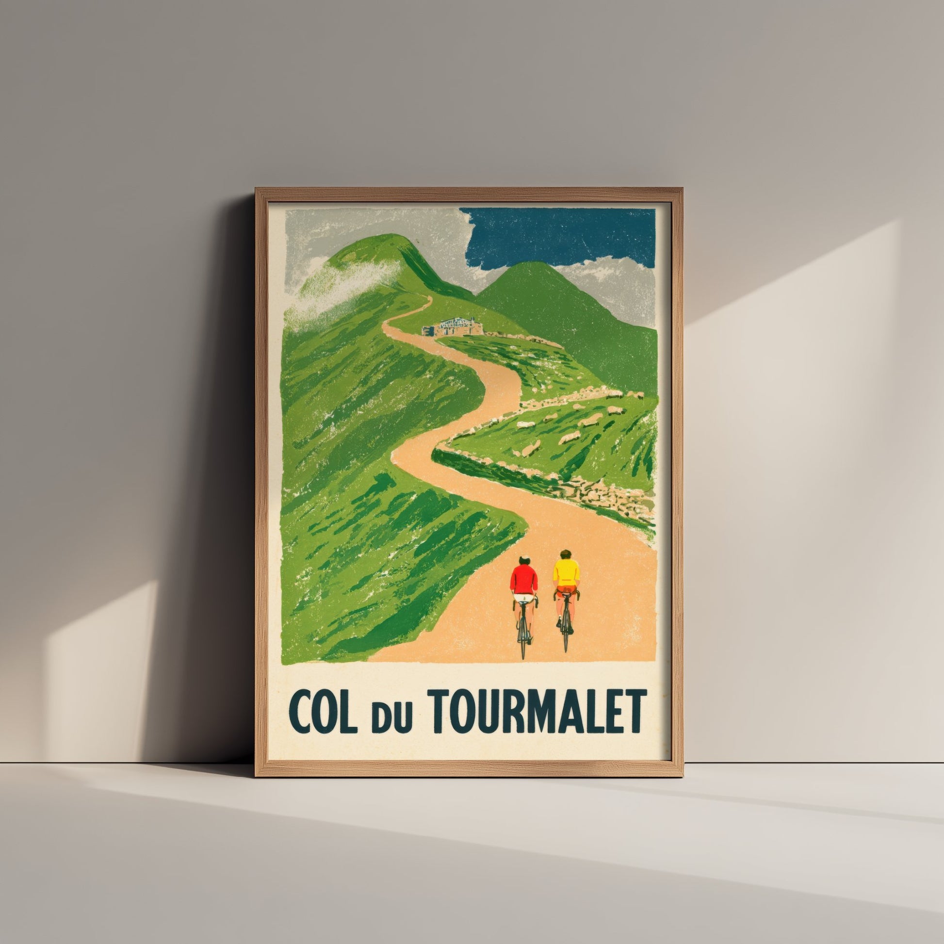 Col du Tourmalet Retro Bike Race Art Print - Sunny Pyrenees Mountain Pass Poster - Flat Colour Cycling Illustration V2 1/3
