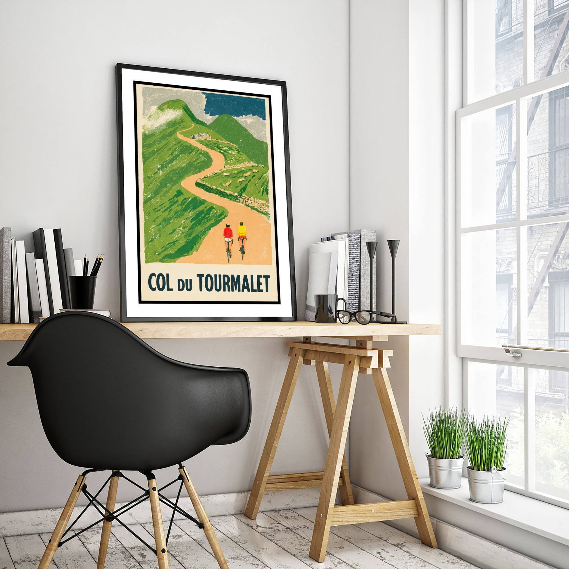 Col du Tourmalet Retro Bike Race Art Print - Sunny Pyrenees Mountain Pass Poster - Flat Colour Cycling Illustration V2 1/3