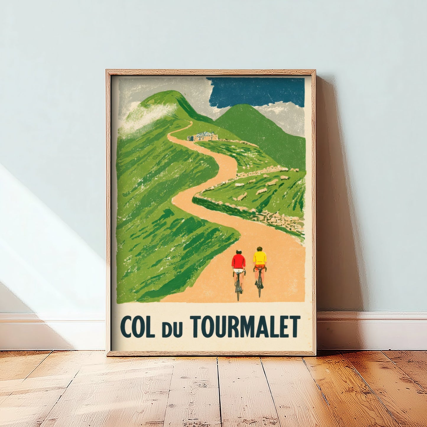 Col du Tourmalet Retro Bike Race Art Print - Sunny Pyrenees Mountain Pass Poster - Flat Colour Cycling Illustration V2 1/3