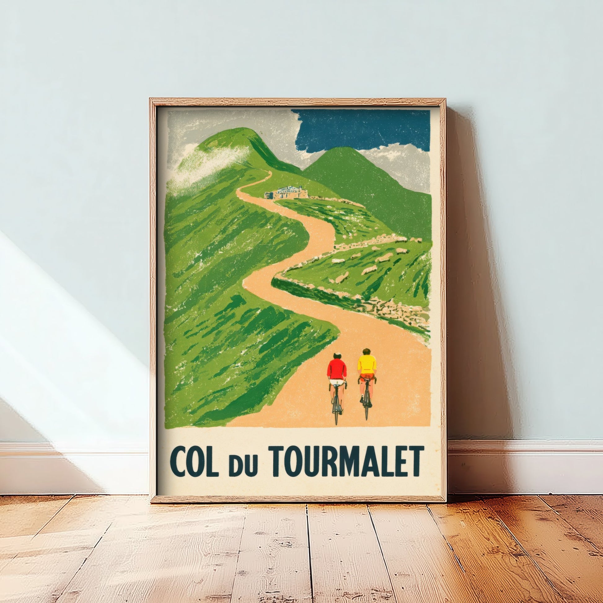 Col du Tourmalet Retro Bike Race Art Print - Sunny Pyrenees Mountain Pass Poster - Flat Colour Cycling Illustration V2 1/3
