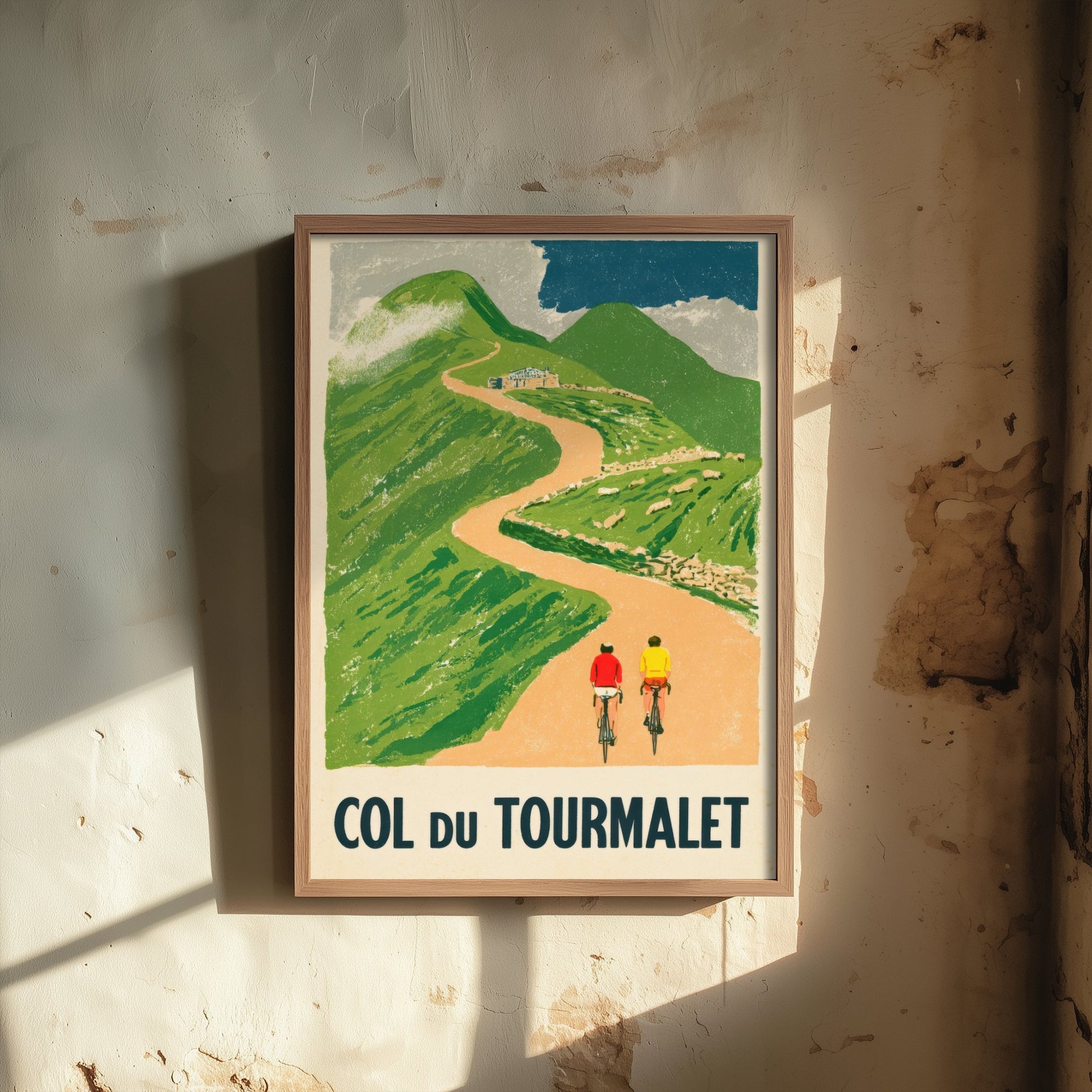 Col du Tourmalet Retro Bike Race Art Print - Sunny Pyrenees Mountain Pass Poster - Flat Colour Cycling Illustration V2 1/3