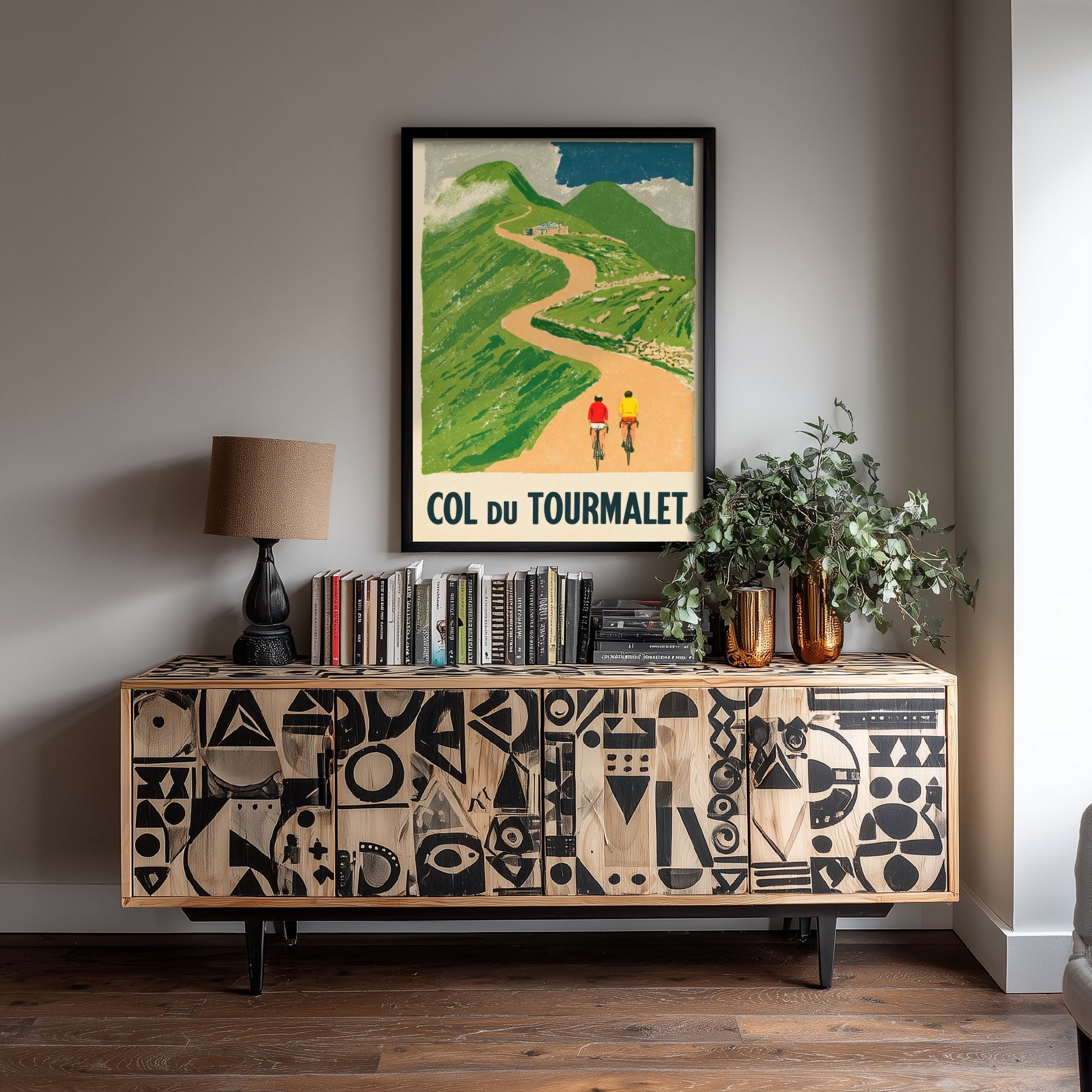 Col du Tourmalet Retro Bike Race Art Print - Sunny Pyrenees Mountain Pass Poster - Flat Colour Cycling Illustration V2 1/3