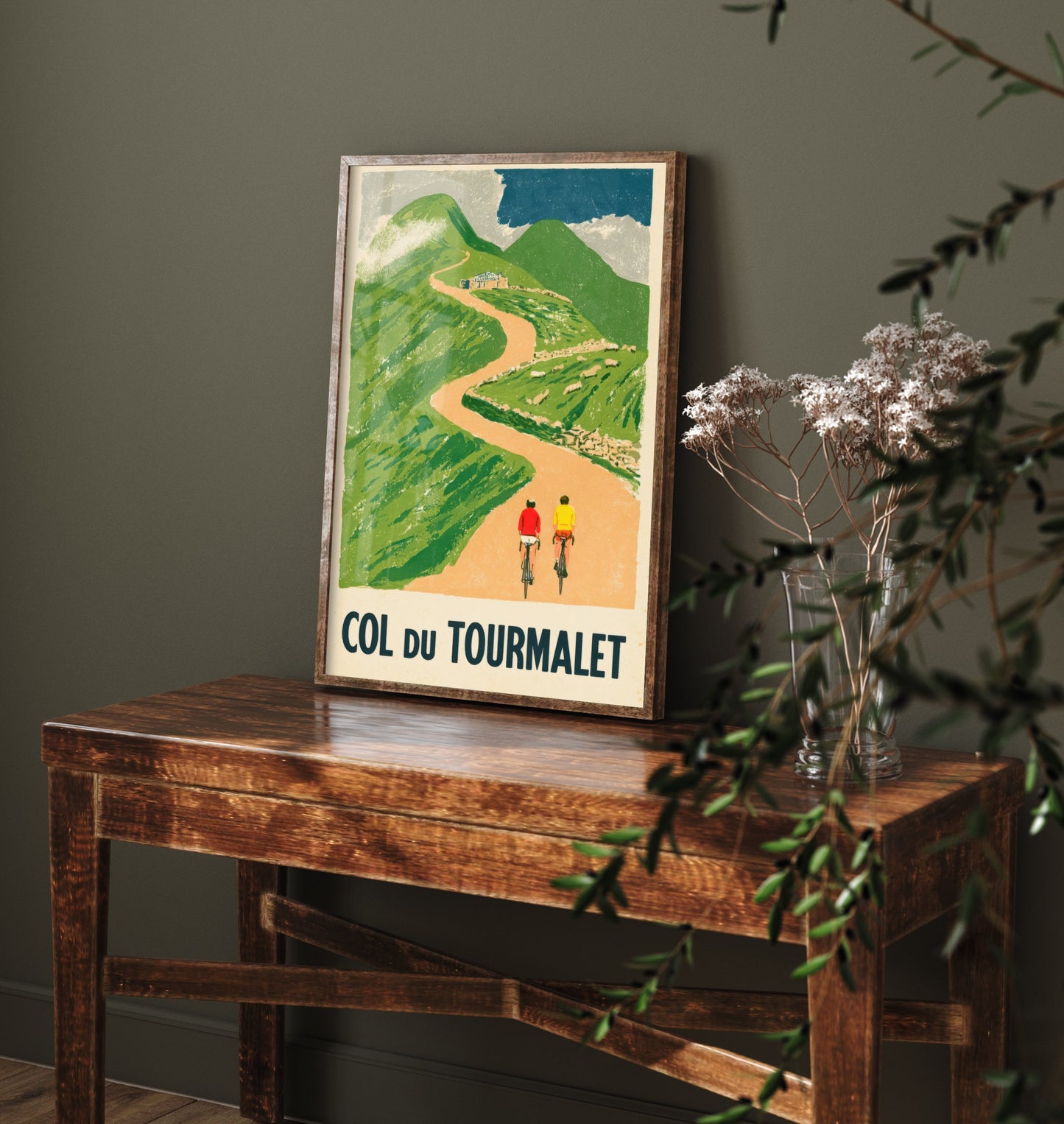 Col du Tourmalet Retro Bike Race Art Print - Sunny Pyrenees Mountain Pass Poster - Flat Colour Cycling Illustration V2 1/3