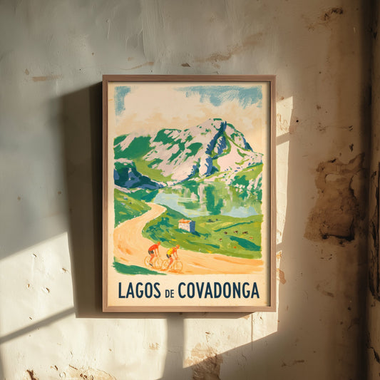 Lagos de Covadonga Retro Bike Race Poster - Picos de Europa Painterly Art Print - Sunlit Spain Cycling Illustration V2 3/3