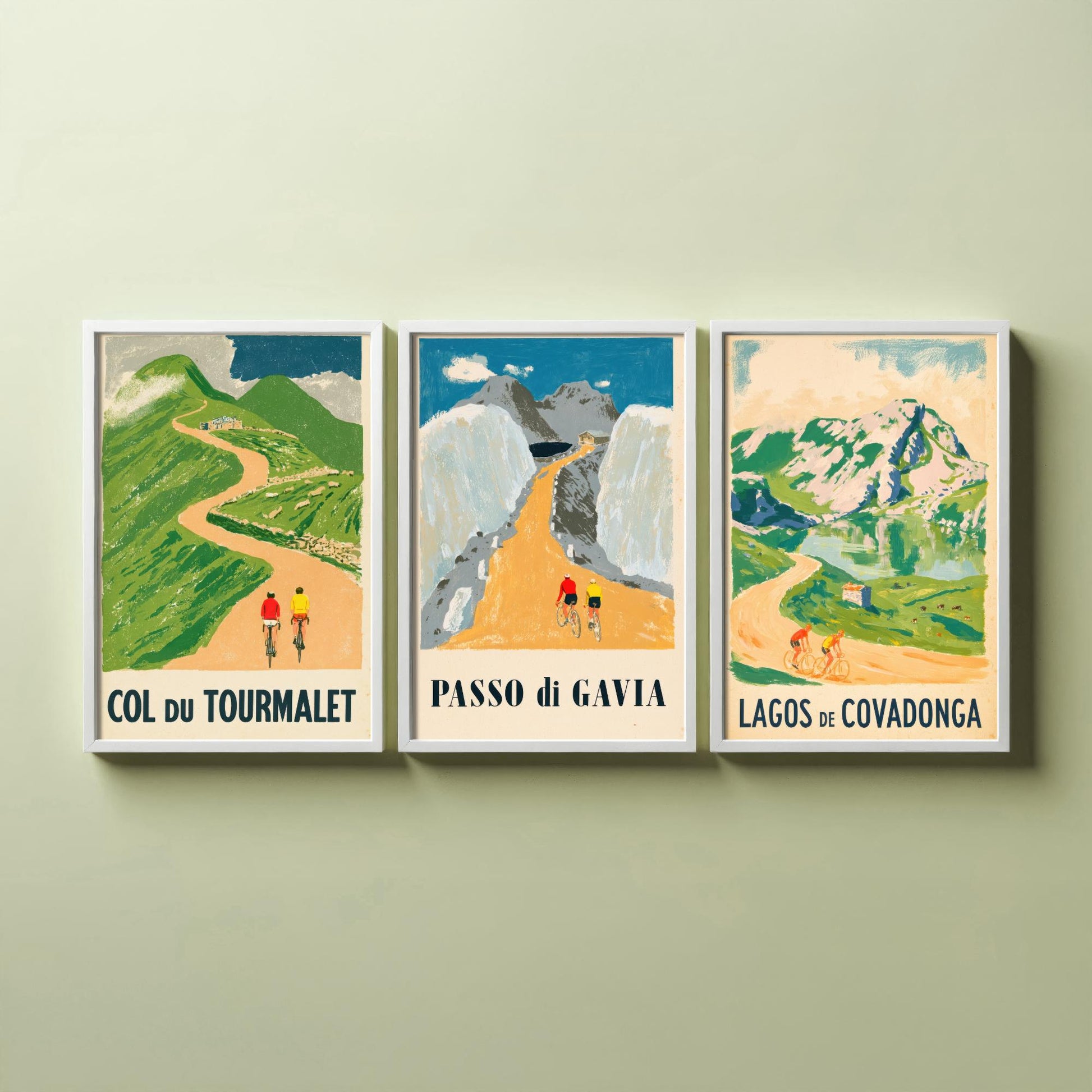 Col du Tourmalet, Passo di Gavia and Lagos de Covadonga Set of Three Art Prints - Vintage Bike Race Posters - Cycling Illustration V2