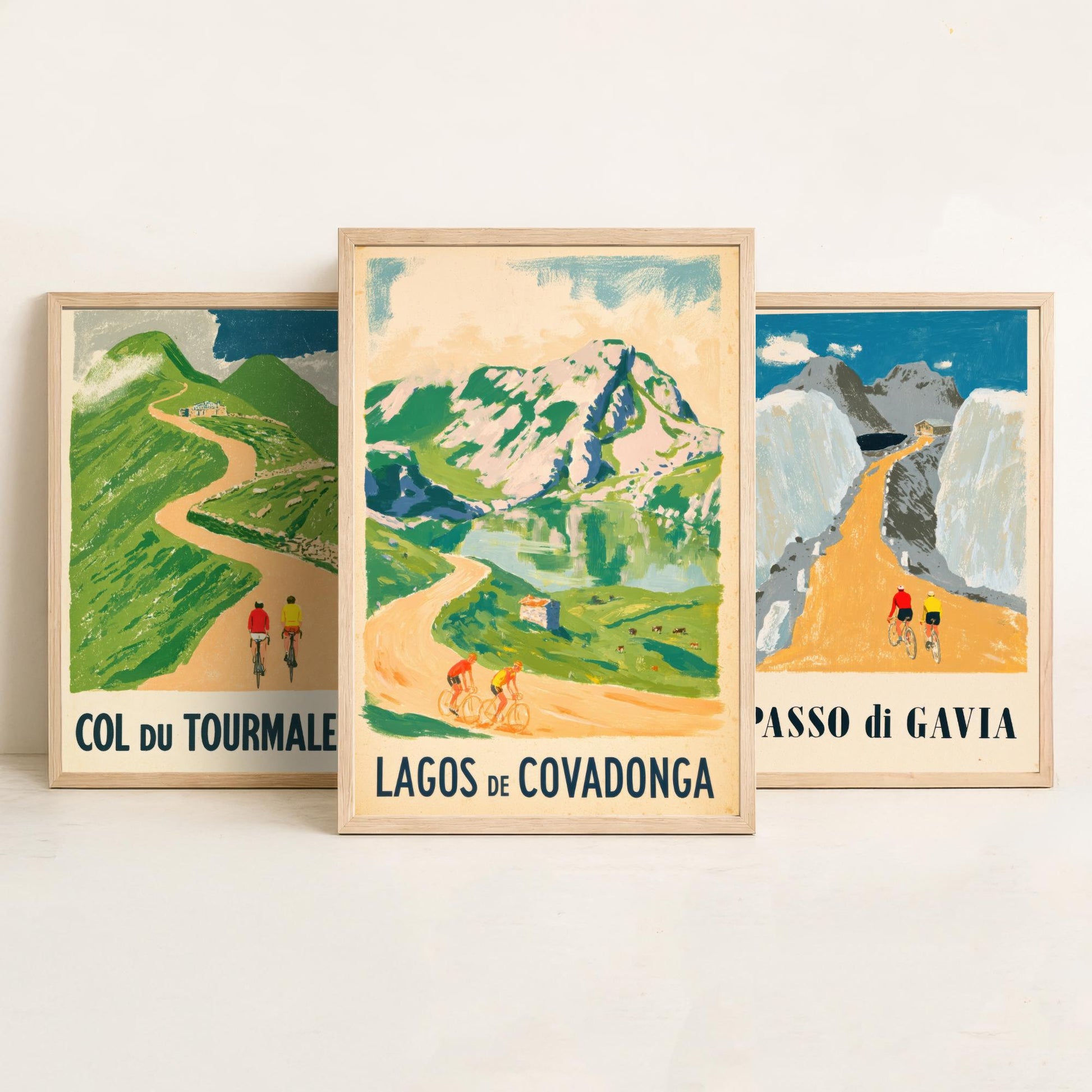 Col du Tourmalet, Passo di Gavia and Lagos de Covadonga Set of Three Art Prints - Vintage Bike Race Posters - Cycling Illustration V2