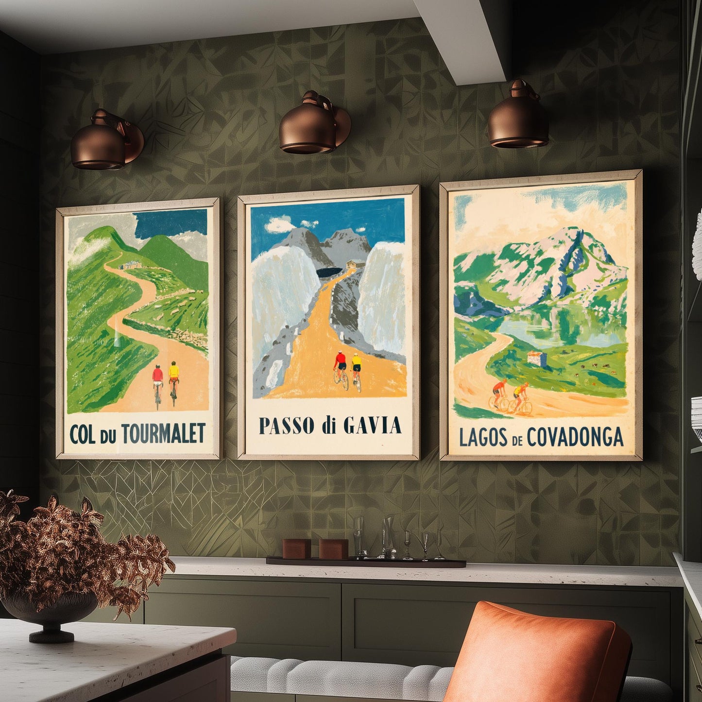Col du Tourmalet, Passo di Gavia and Lagos de Covadonga Set of Three Art Prints - Vintage Bike Race Posters - Cycling Illustration V2