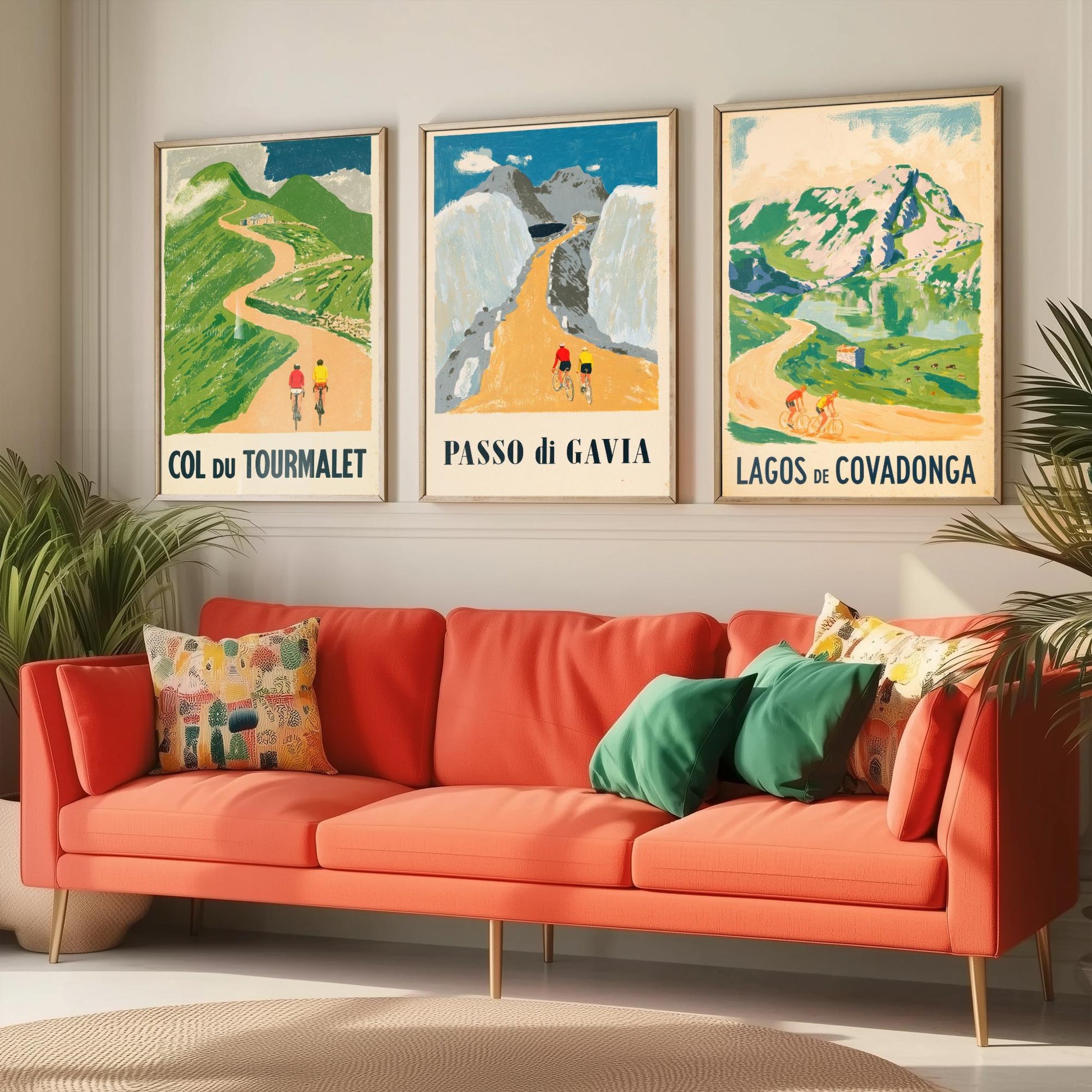 Col du Tourmalet, Passo di Gavia and Lagos de Covadonga Set of Three Art Prints - Vintage Bike Race Posters - Cycling Illustration V2