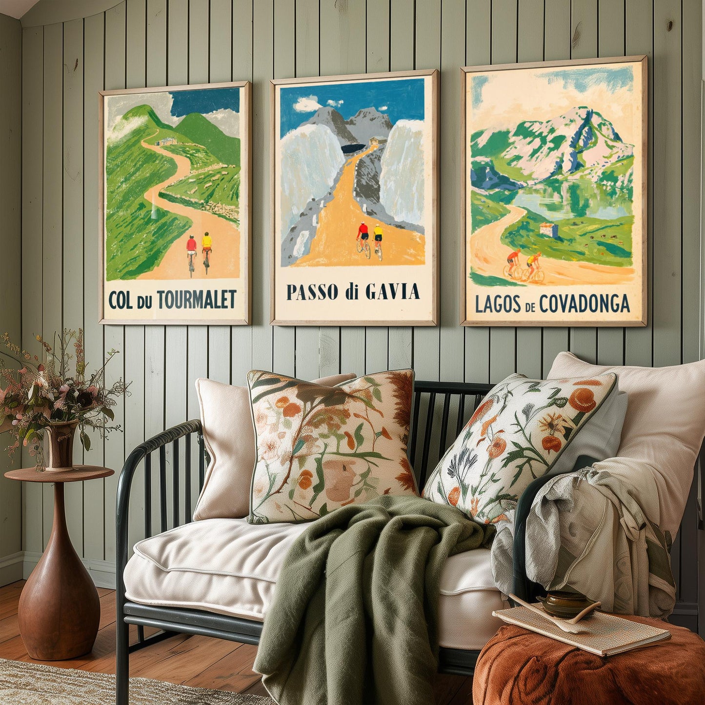 Col du Tourmalet, Passo di Gavia and Lagos de Covadonga Set of Three Art Prints - Vintage Bike Race Posters - Cycling Illustration V2