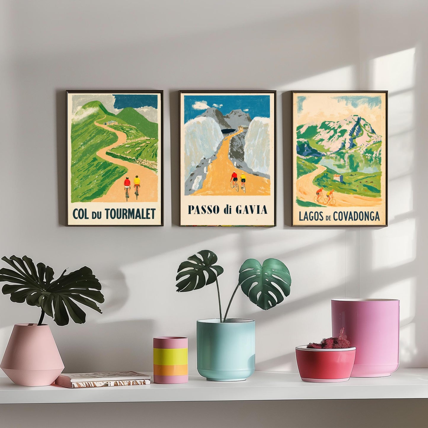 Col du Tourmalet, Passo di Gavia and Lagos de Covadonga Set of Three Art Prints - Vintage Bike Race Posters - Cycling Illustration V2